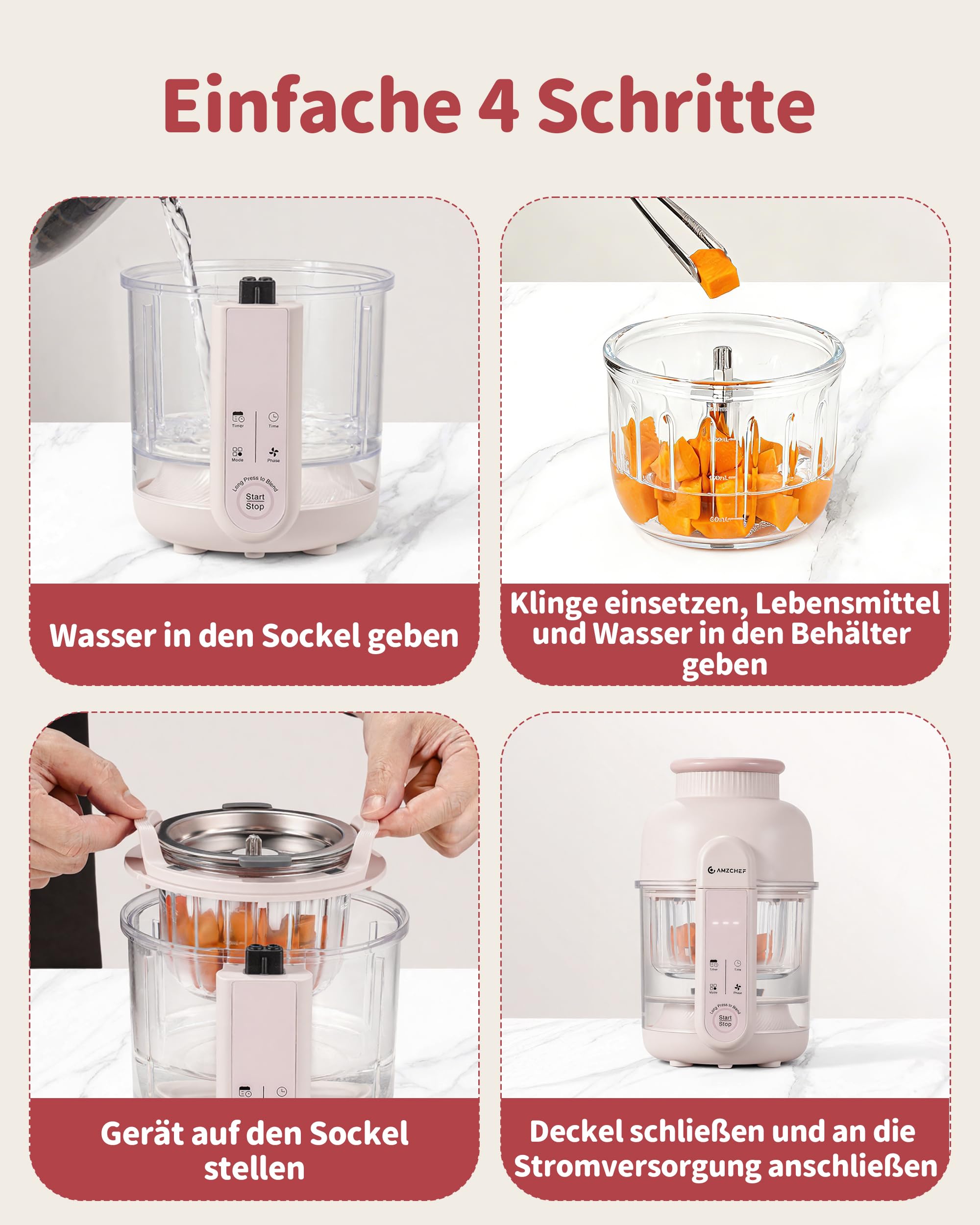 AMZCHEF Babynahrungszubereiter mit Dampfkorb – 6-in-1 Automatisches Kochen & Mixer mit Altersauswahl und Timer, Babybrei Zubereiter für verschiedene Zutaten, spülmaschinenfest und BPA-frei