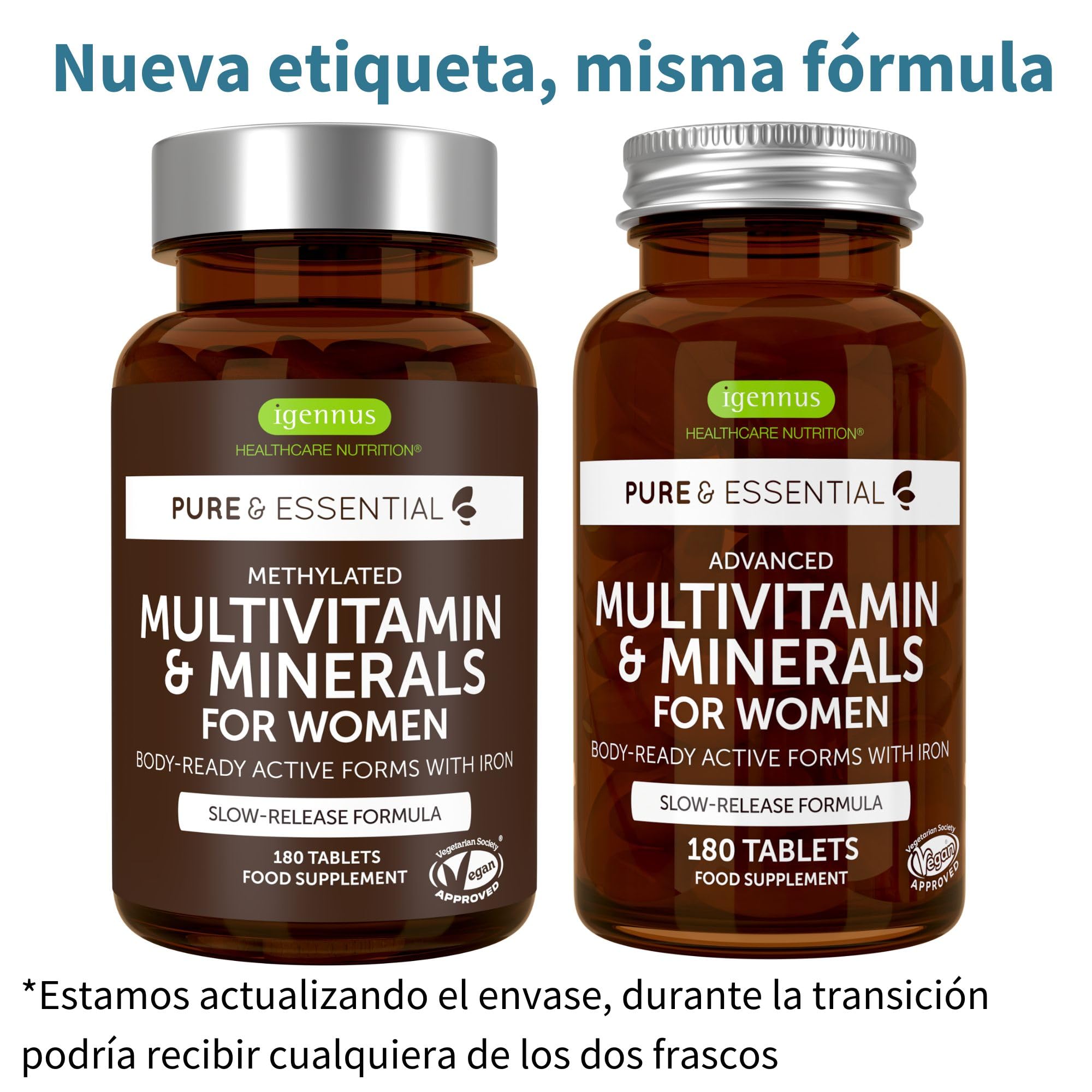 Igennus Multivitamínico Mujer con Hierro, 21 Nutrientes Activos, Puro y Limpio, Aporte de Nutrientes Durante todo el día, Vitaminas B de Alta Potencia, Fácil de Tragar, 180 compimidos Veganos,90 Dosis