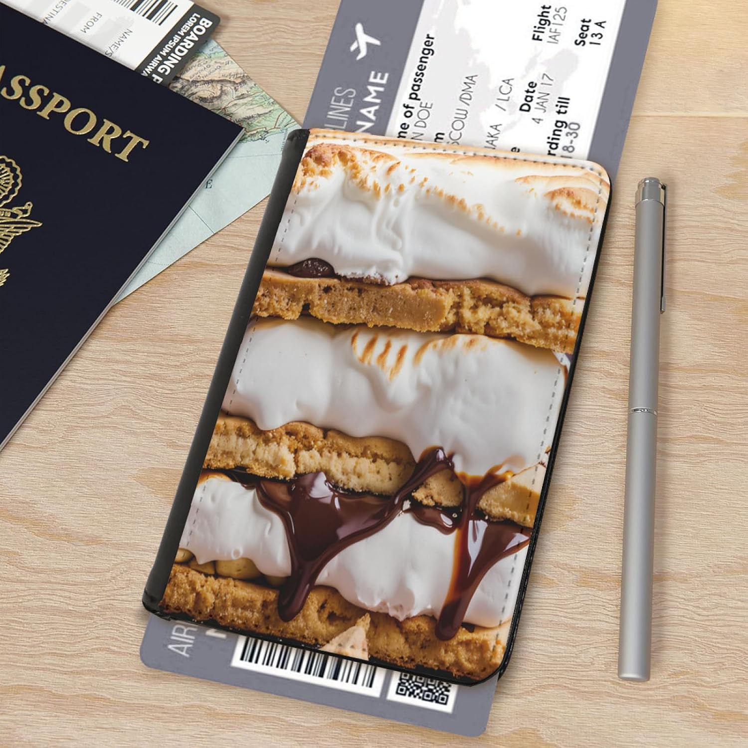 Art and Beyond Leatherette Passport Wallet with Card Storage Pockets Smores Cover Cute Smore Foodie Design Fun Design Passport Holder Case, Black image 3