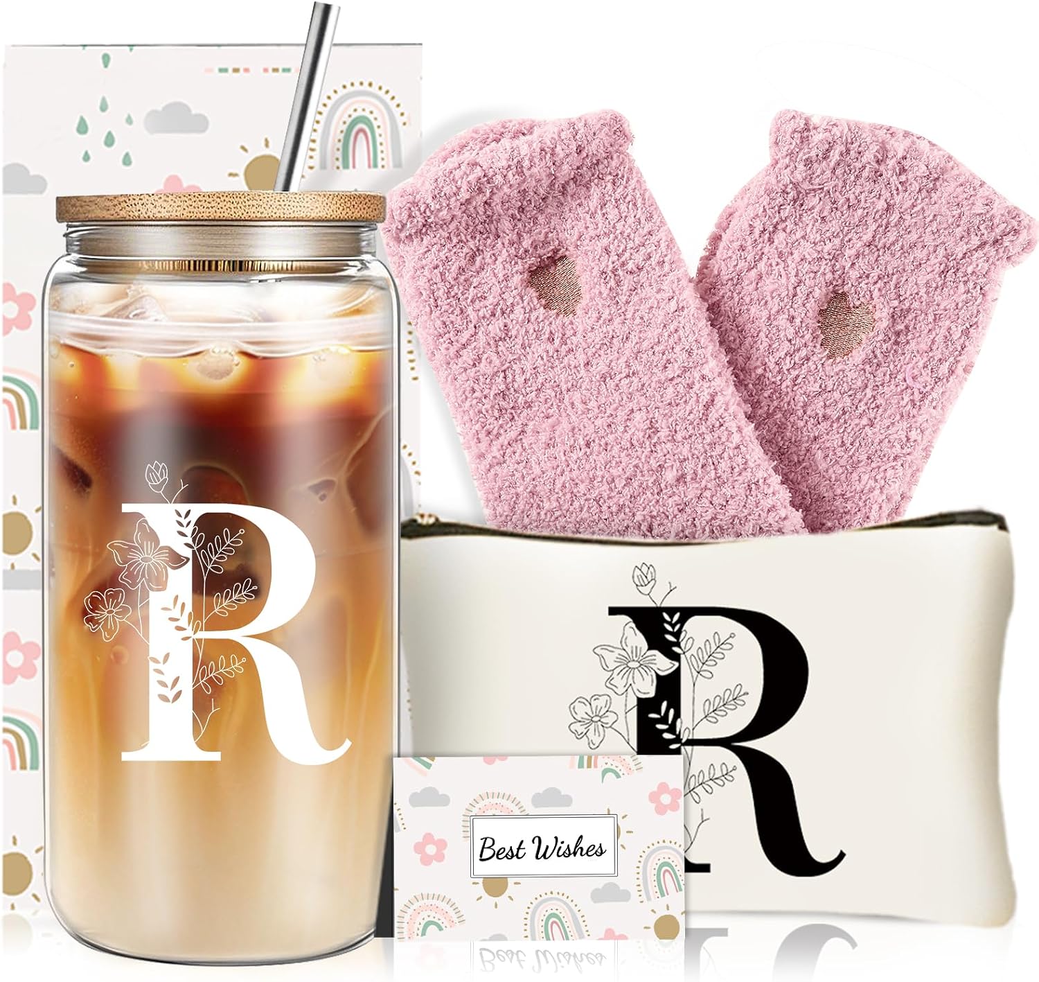 Unique Initial Glass Cup with Lids and Straws, Monogrammed Gifts Box Included Makeup Bag, Valentines Day Mothers Day Birthday Gifts for Women Mom Sister Grandma, R