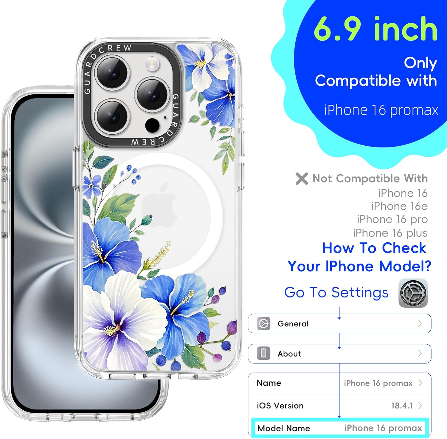 Magnetic for iPhone 16 Pro Max Case, [Hibiscus] Floral Design for Women Girls, [11FT Military-Grade Drop Tested] Compatible with MagSafe, Slim Shockproof Aesthetic Cover, 6.9"
