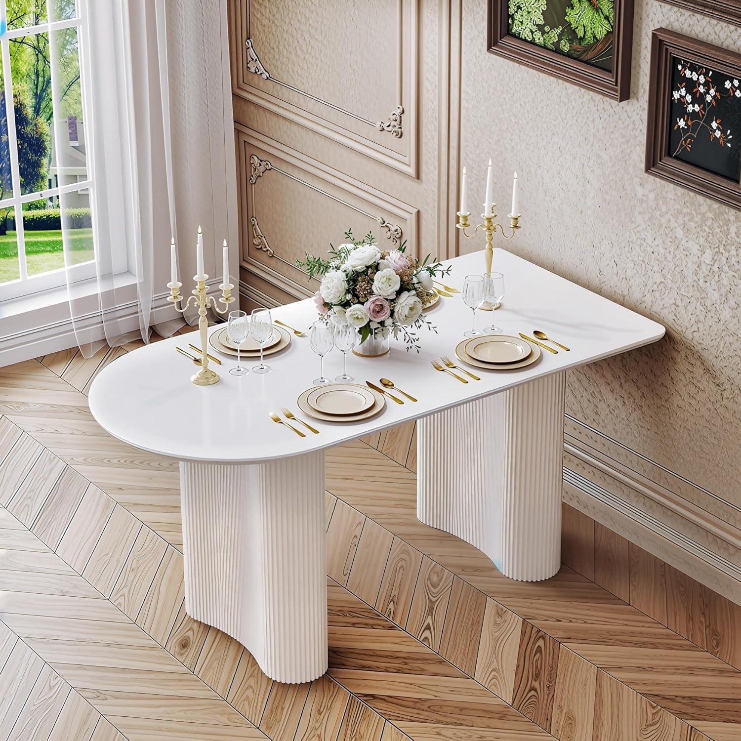 62.99'' Modern Oval Dining Table for 6 People, Cream White Kitchen Tables, Oval Long Dinner Table with Roman Column Legs Dining Room Table for Kitchen, Dinner, Home Office (Table Only)