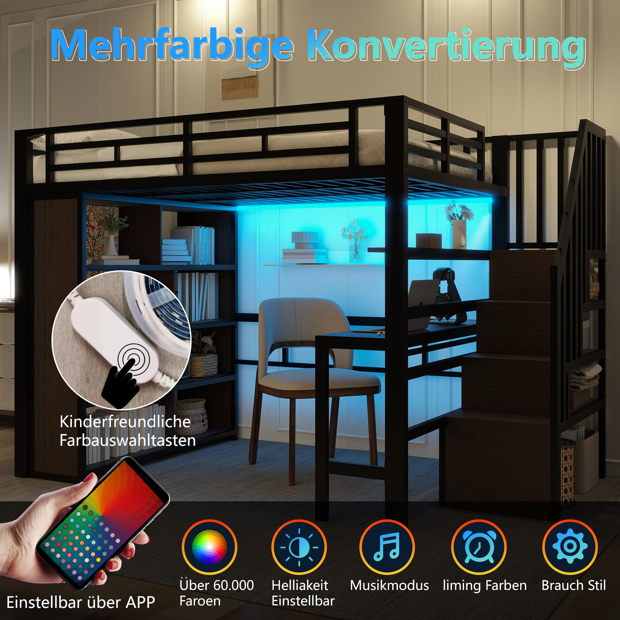 Lit Mezzanine 140x200 cm, avec Bureau, Étagères de Rangement, Escalier avec espace de rangement – Structure en Métal et Panneaux MDF – Gain de Place pour Chambre d'Enfant, Ado ou Étudiant, Noir