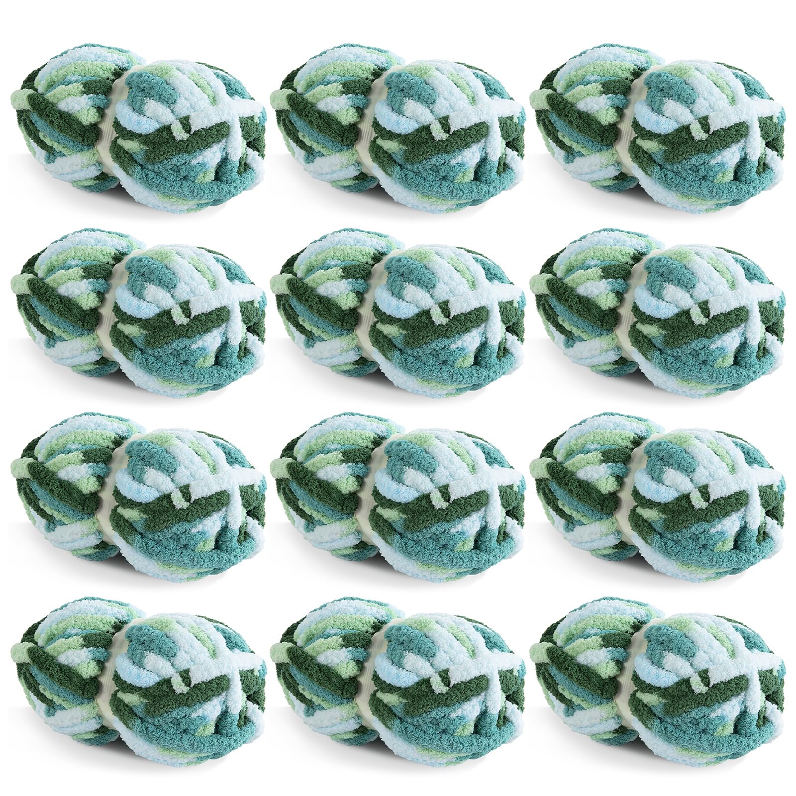 HOMBYS 12 Pack Giant Chunky Yarn for Crocheting & Knitting, Super Bulky Soft Fluffy Tie Dye Plush Fuzzy Mixed Color Thick Chenille Yarn (Mint, Teal, Green) — image 1
