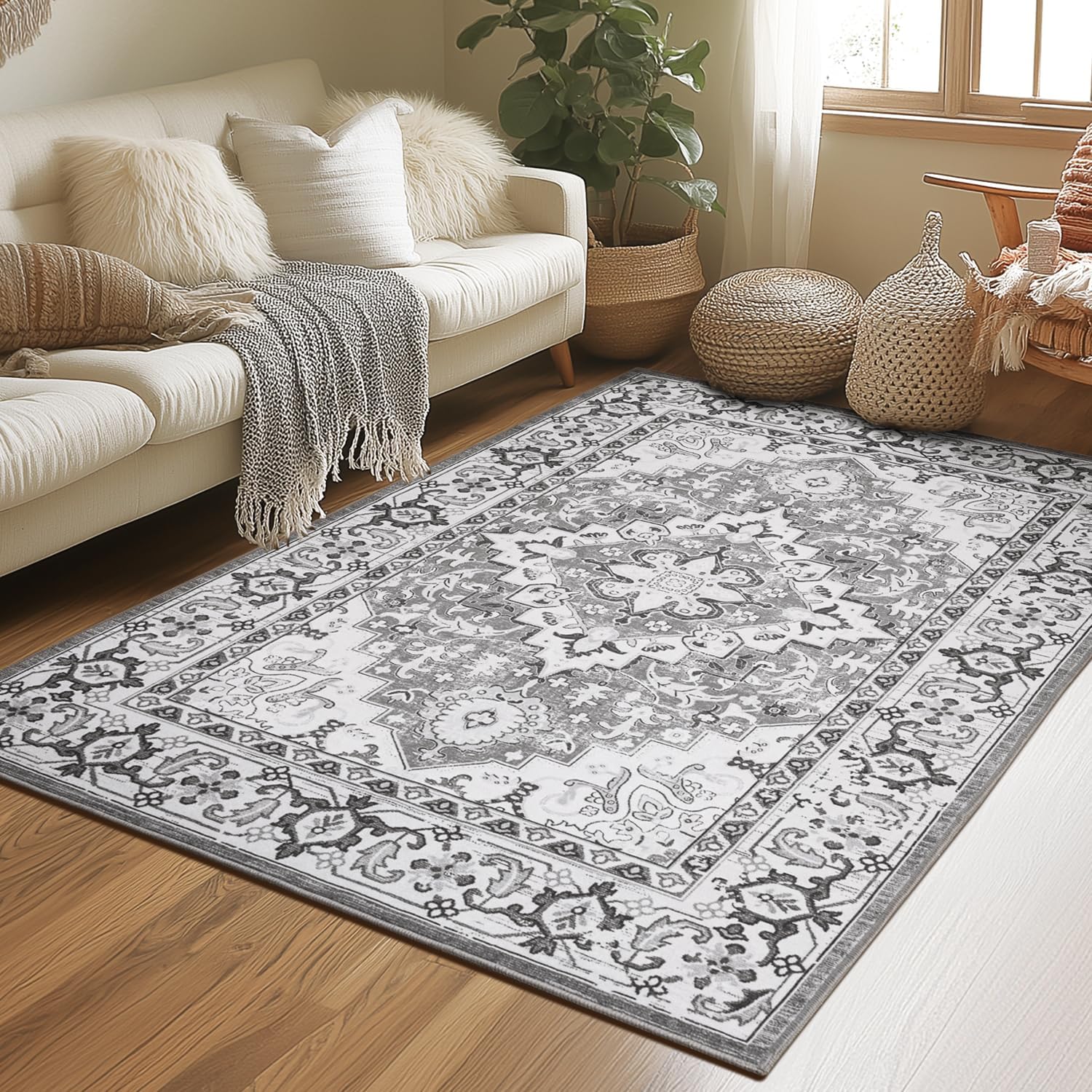 Lessymo 3 x 5 Area Rugs for Living Room- Machine Washable Area Rugs Boho Faux Wool Low Pile Area Rug for Bedroom Floral Medallion Vintage Rugs with Non-Slip Rubber, Kid & Pet Friendly,Grey Beige Grey Beige 3' x 5' (Rectangular)