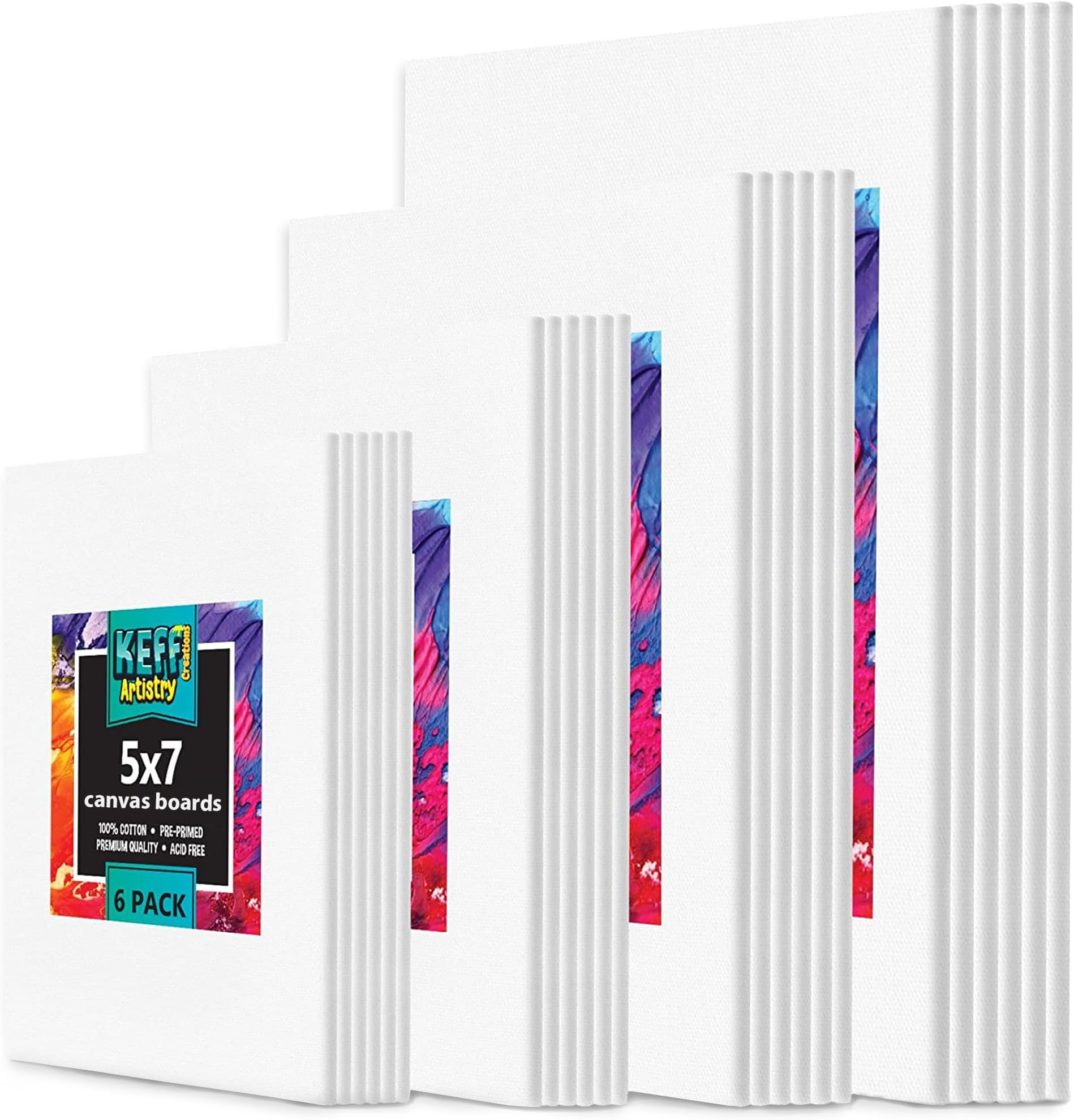 KEFF Paint Canvas Panels Set- 24 Multi- Pack, Pre-Primed Canvas Board for Painting, 5x7, 8x10, 9x12, 11x14. White Cotton Canvases for Painting Acrylic, Oil, Gouache, Tempera Paints