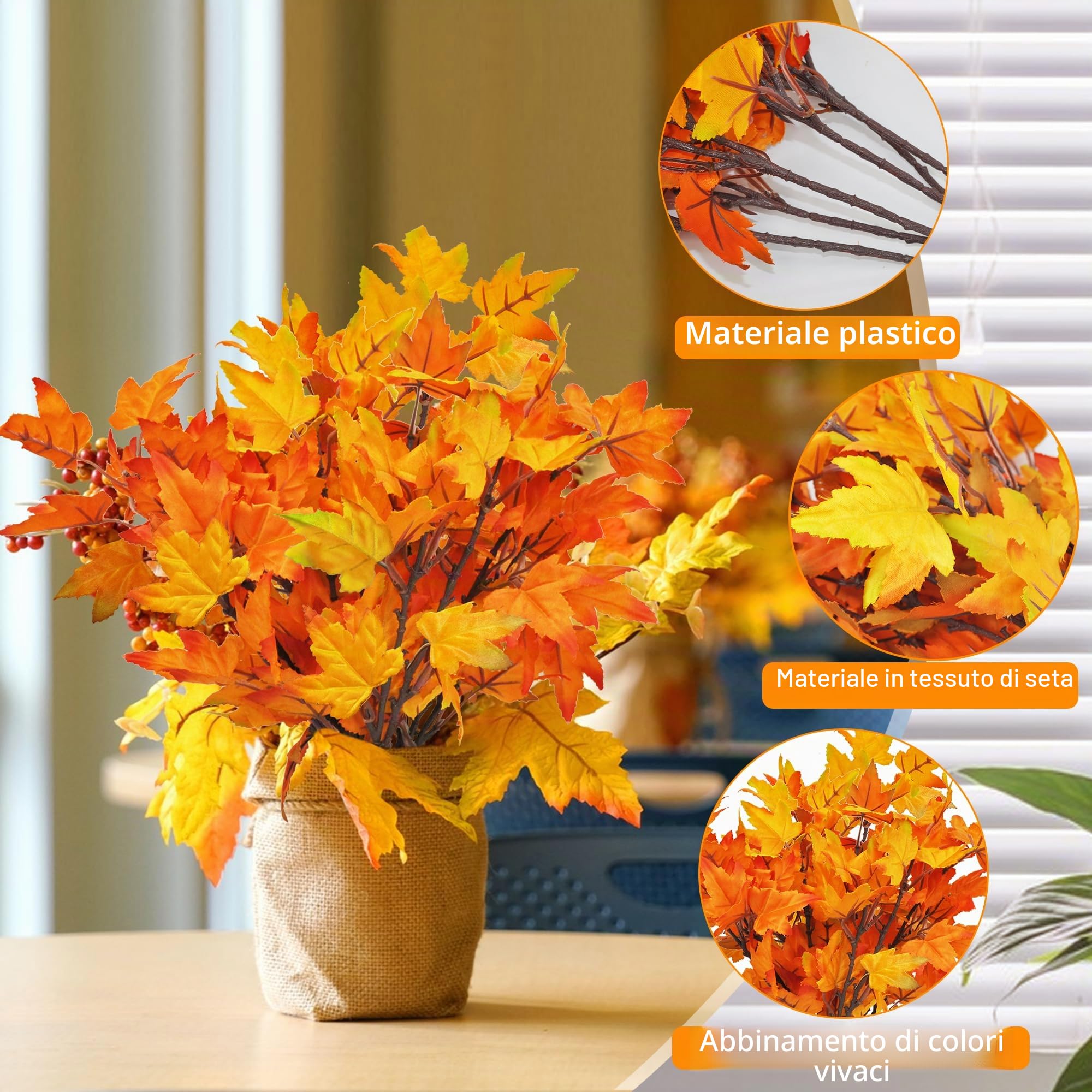 ROLLWAY 6 Foglie Autunnali Decorative Piante Finte per Esteno Interno foglia di acero (Giallo, 40CM)