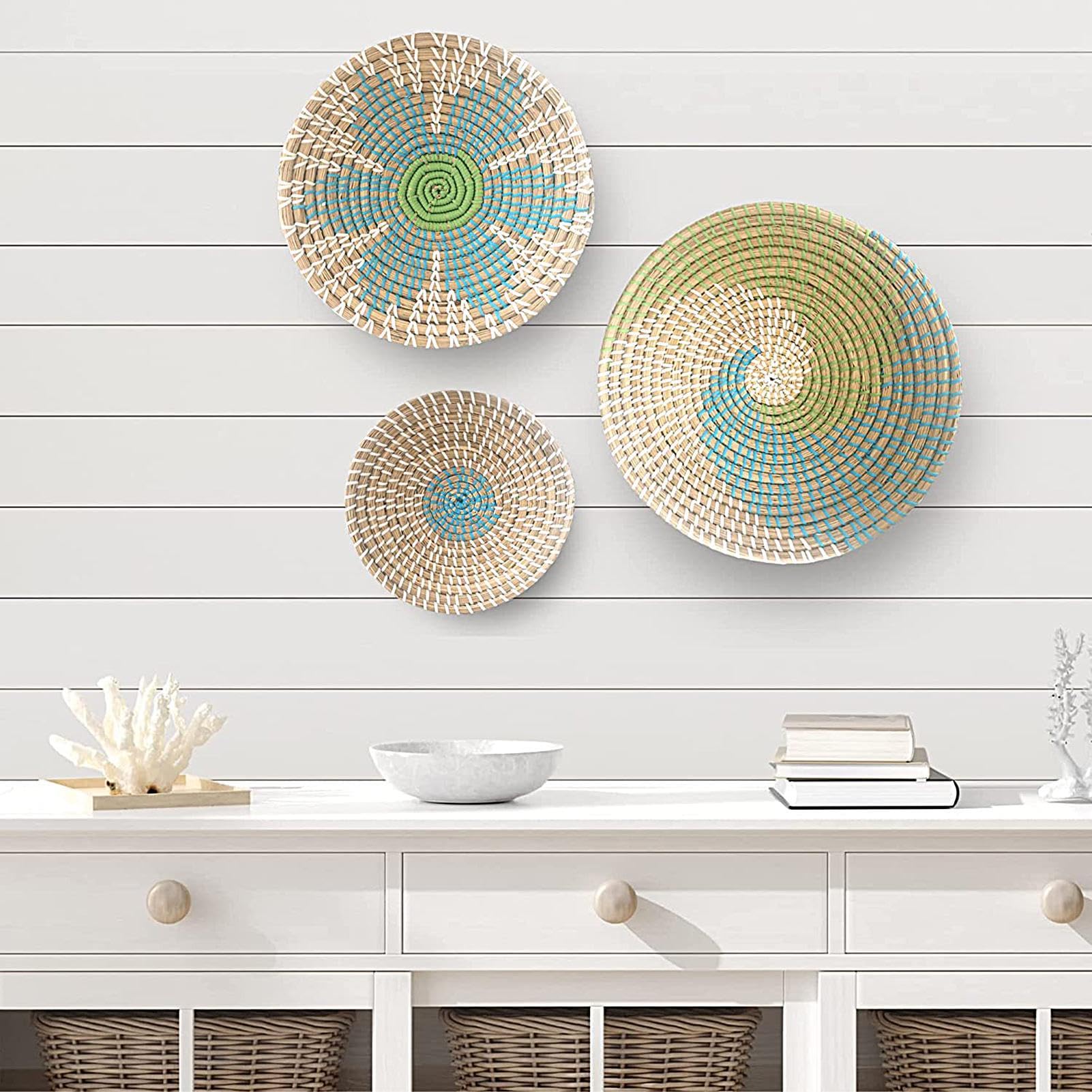 3 Stück Boho Wandkorb Dekoration Runde Seegras Geflochtene Körbe Natürliches Boho Hängekorb Geometrisches Design Böhmische Hängende Dekorationen Für Wohnzimmer, Büro, Schlafzimmer