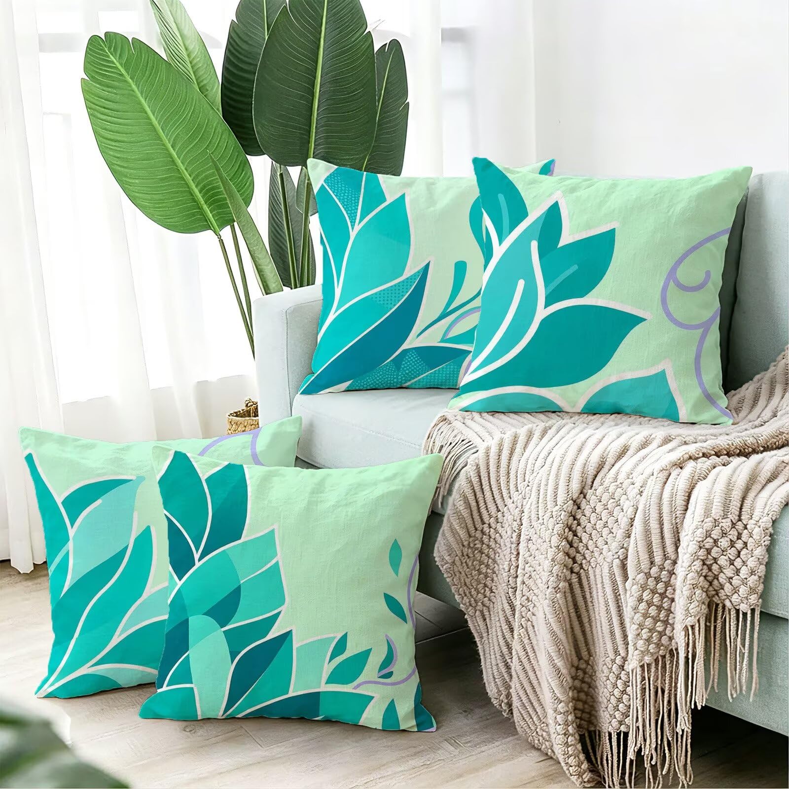 Blu Federe Cuscini Divano 40x40cm, Cuscini da Esterno Set de 4, Cod-81 | Lin Copricuscini Decorativi Letto Arredo, per Letto, Soggiorno, Giardino, Esterno, Casa Decorazione Set di 4 Foglie