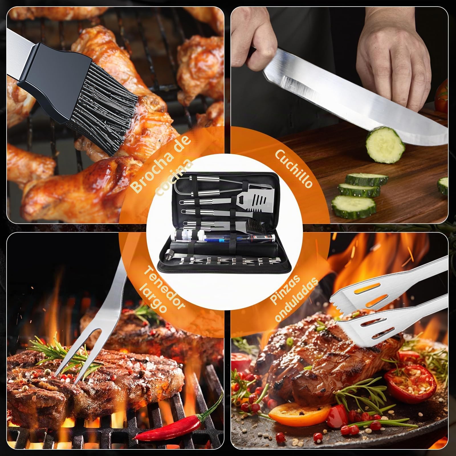 Juego de Utensilios de Barbacoa Kit de Accesorios Barbacoa, Acero Inoxidable,28 Piezas, en Maletín Portátil, para Parrilla de Barbacoa de Gas y Carbón, Regalos para Hombre.