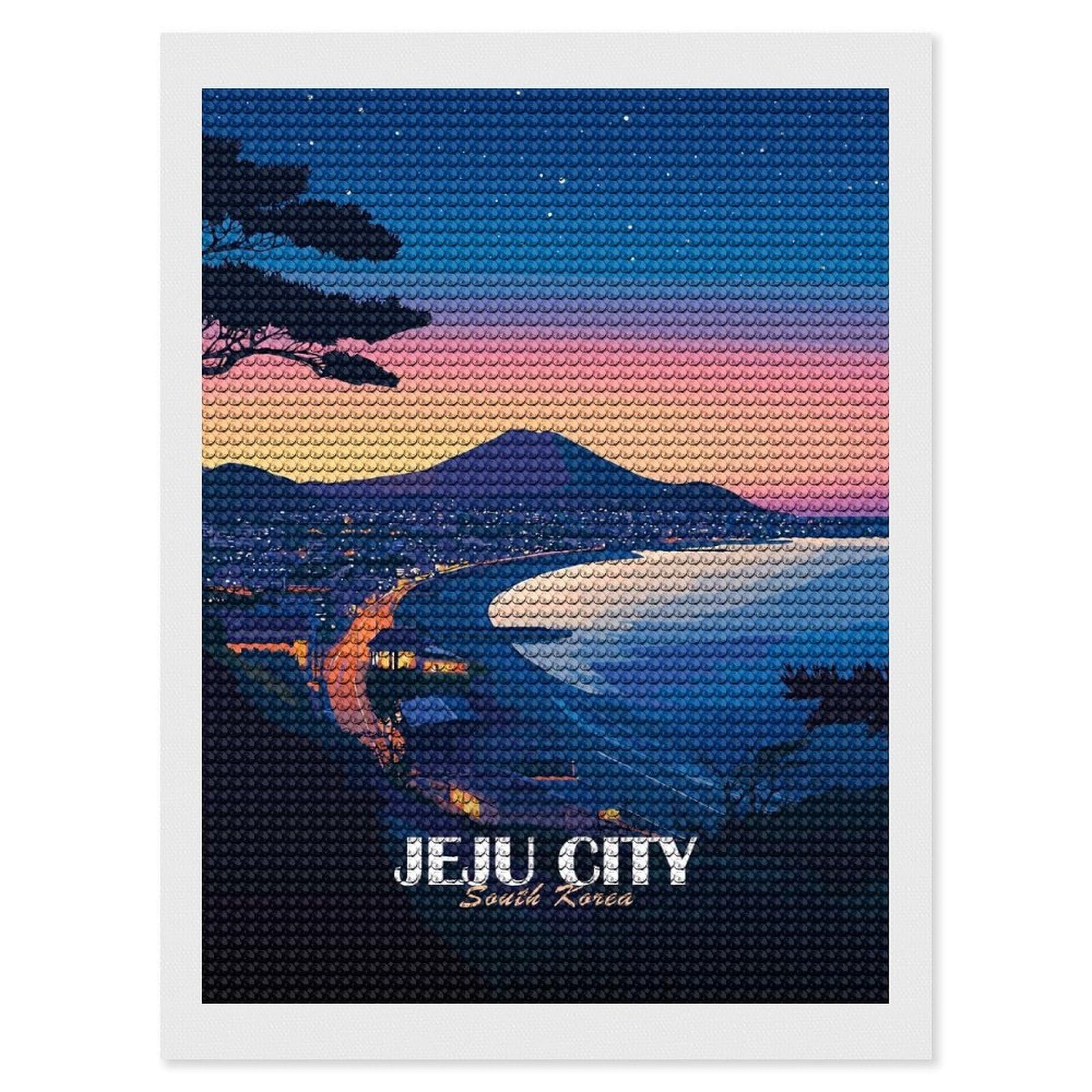 Junmoney Jeju City South Korea at Dusk Diamond Painting Kit 12"x16", Easy Handmade Project, Cosy Home Accent, for Craft Lovers, Holiday Gift Idea