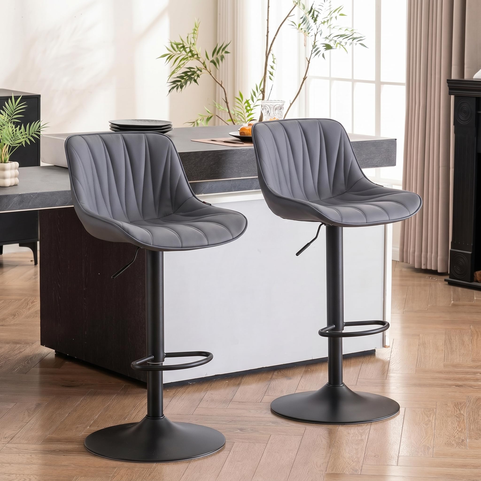 YOUNIKE Bar Stools Set of 2, Swivel Tall Barstools with Back, Adjustable Height Faux Leather Upholstered Modern Counter Height Bar Chairs, Greyish Purple