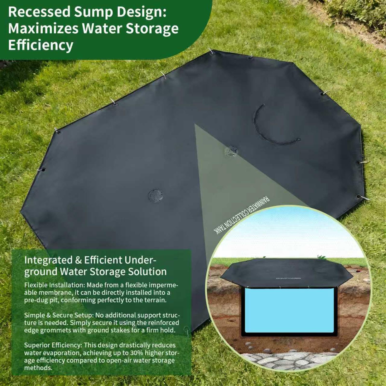 de recolección de agua de lluvia – Almacenamiento de agua de lluvia integrado – Colector de agua de jardín – para jardín, patio trasero, césped, terraza, entrada, pasarela, cama de flores