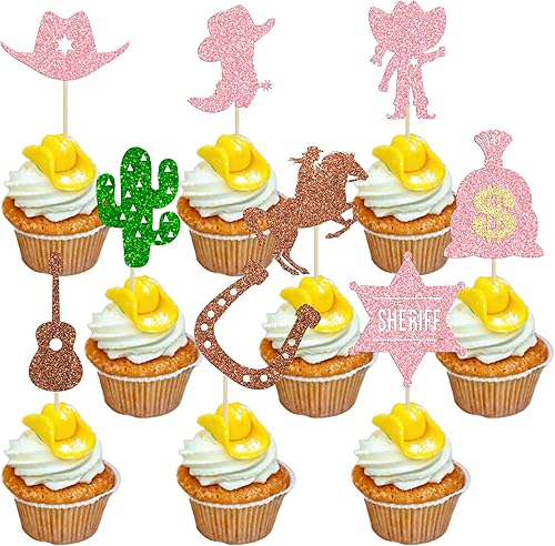 Miniatura 9 de Gyufise 36 piezas de adornos de vaquero para cupcakes con purpurina, zapatos de caballo, sombreros de vaquero, botas occidentales para cupcakes para