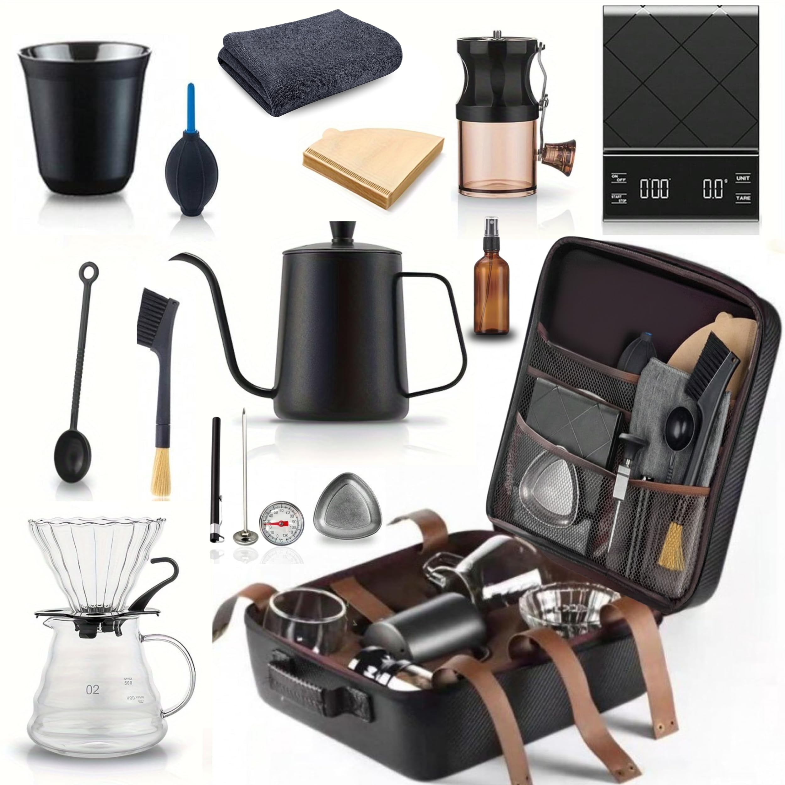Drip Coffee Maker 15 Pc V60 Coffee Kit Set | Manual Coffee Dripper Pour Over Coffee Maker Set with Portable Case, Coffee Grinder, Kettle, & Filter (CAUSAL BLACK)