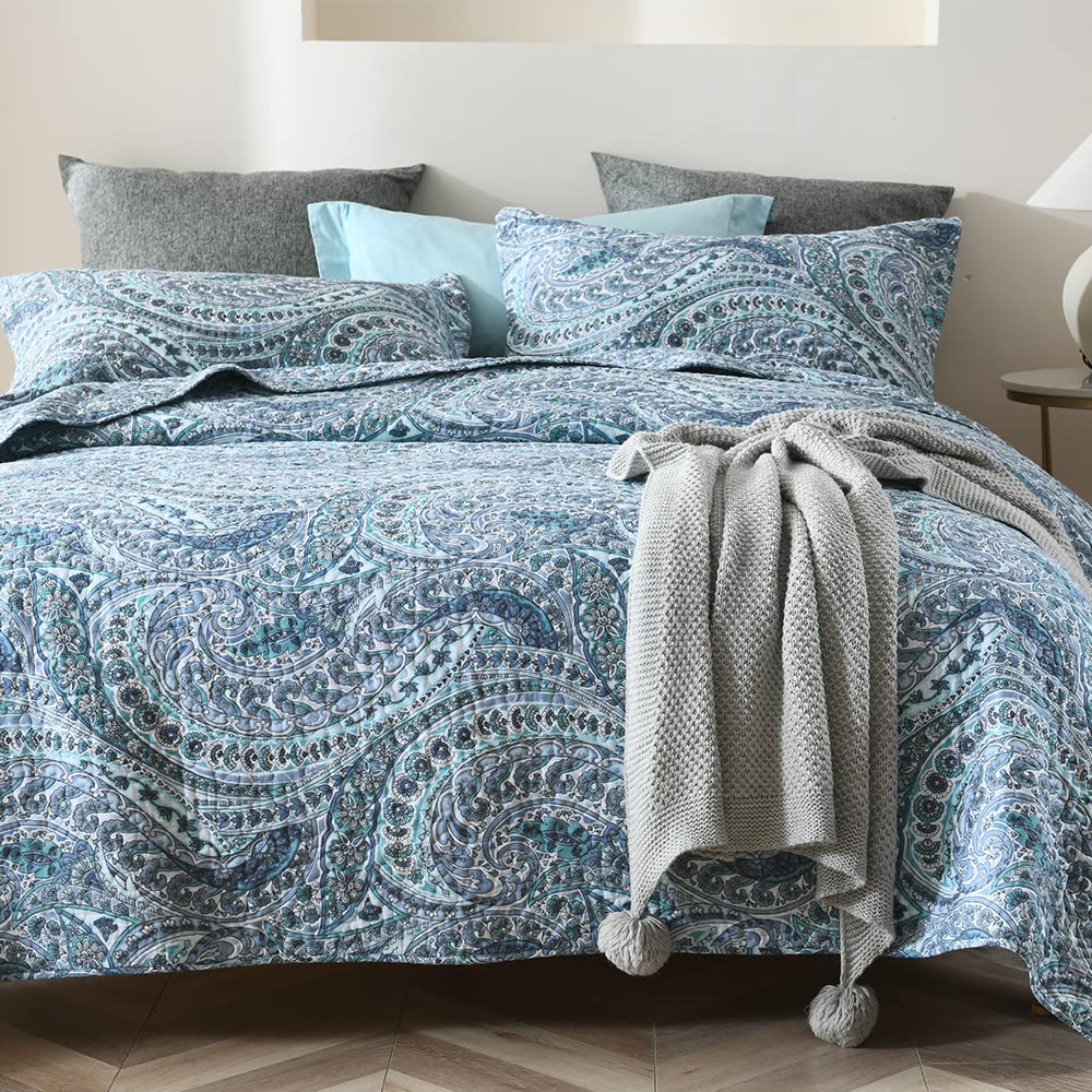 ENASAL Tagesdecke Bettdecke aus Baumwolle 220x240cm, Bettüberwurf 230x250cm für Doppelbett mit Blauen Paisley Blumen, Ganzjahresdecke Gesteppte Decke Steppdecke mit 2 Kissenbezug