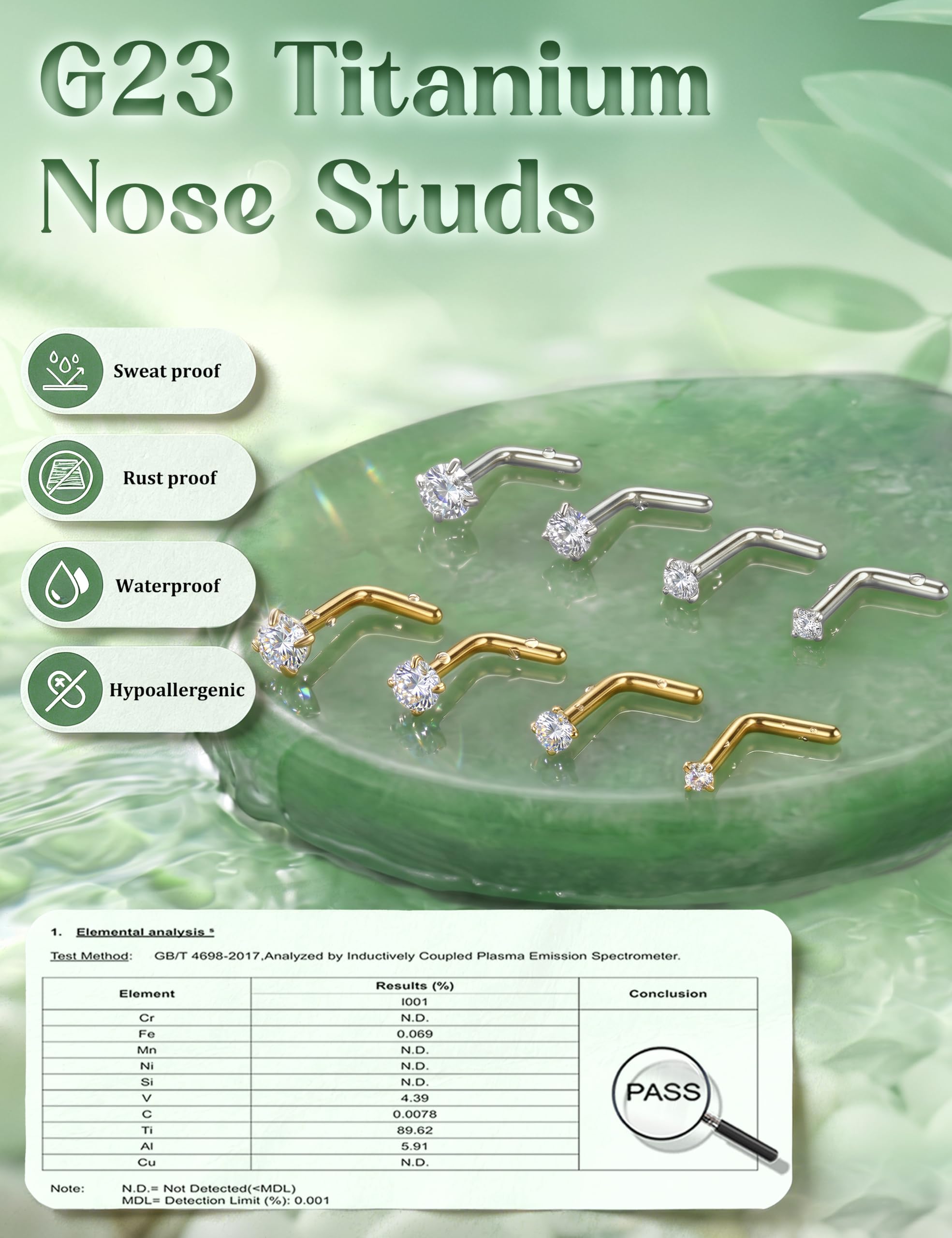 GEMQUEEN Nasenstecker aus Moissanit und G23-Titan, 18 Karat vergoldet, L-förmig, hypoallergen, 20 g, kleines Moissanit-Nasenloch-Piercing, Schmuck für Damen und Herren, trendig, 1,5/2/2,5/3 mm, 8