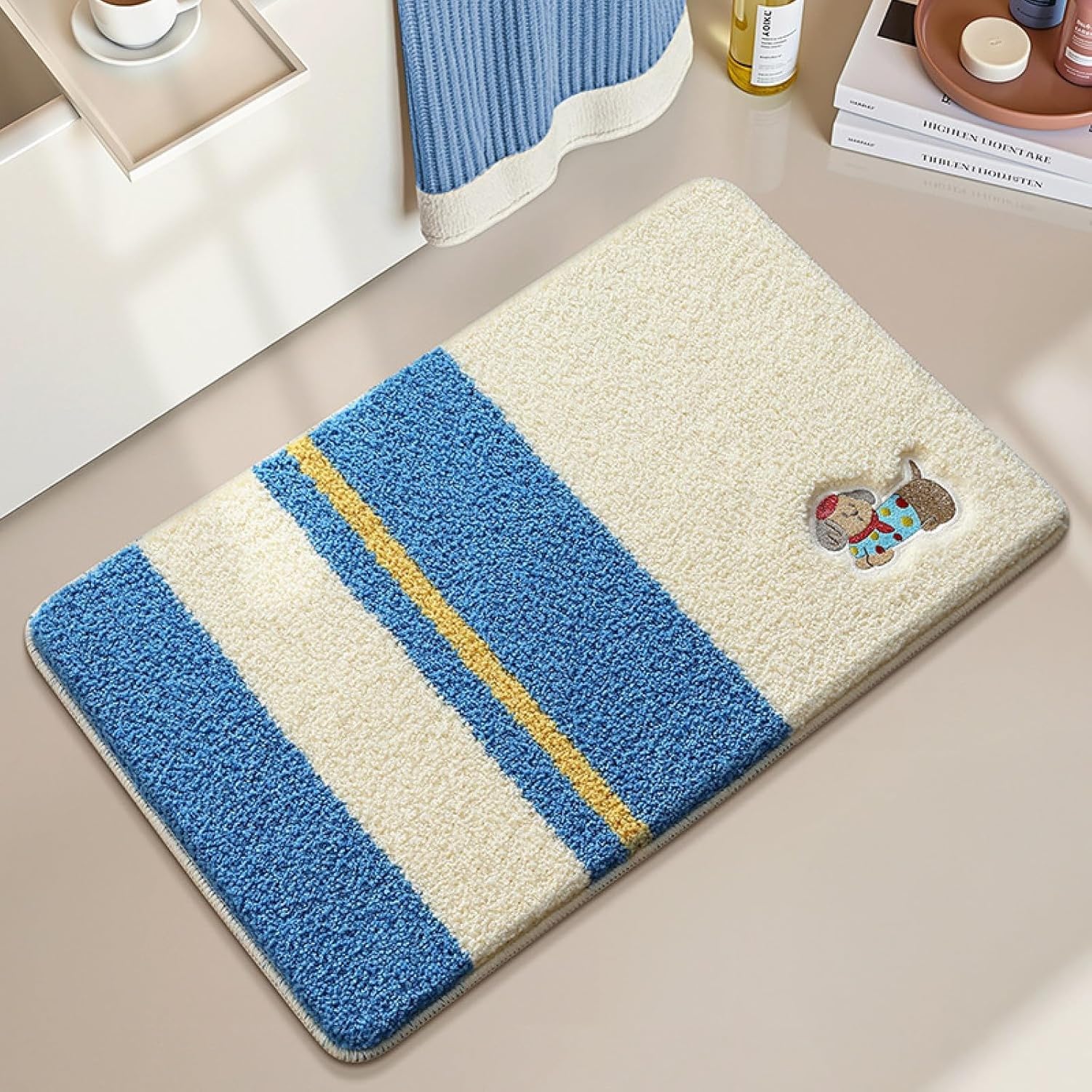 AIEIJJH Bath Mats for Bathroom 50x80cm Blue Yellow Super Absorbent Non Slip Soft Flannel Carpet with Anti-Slip Bottom for Tub Shower Floor, 40×60cm, 40×60cm