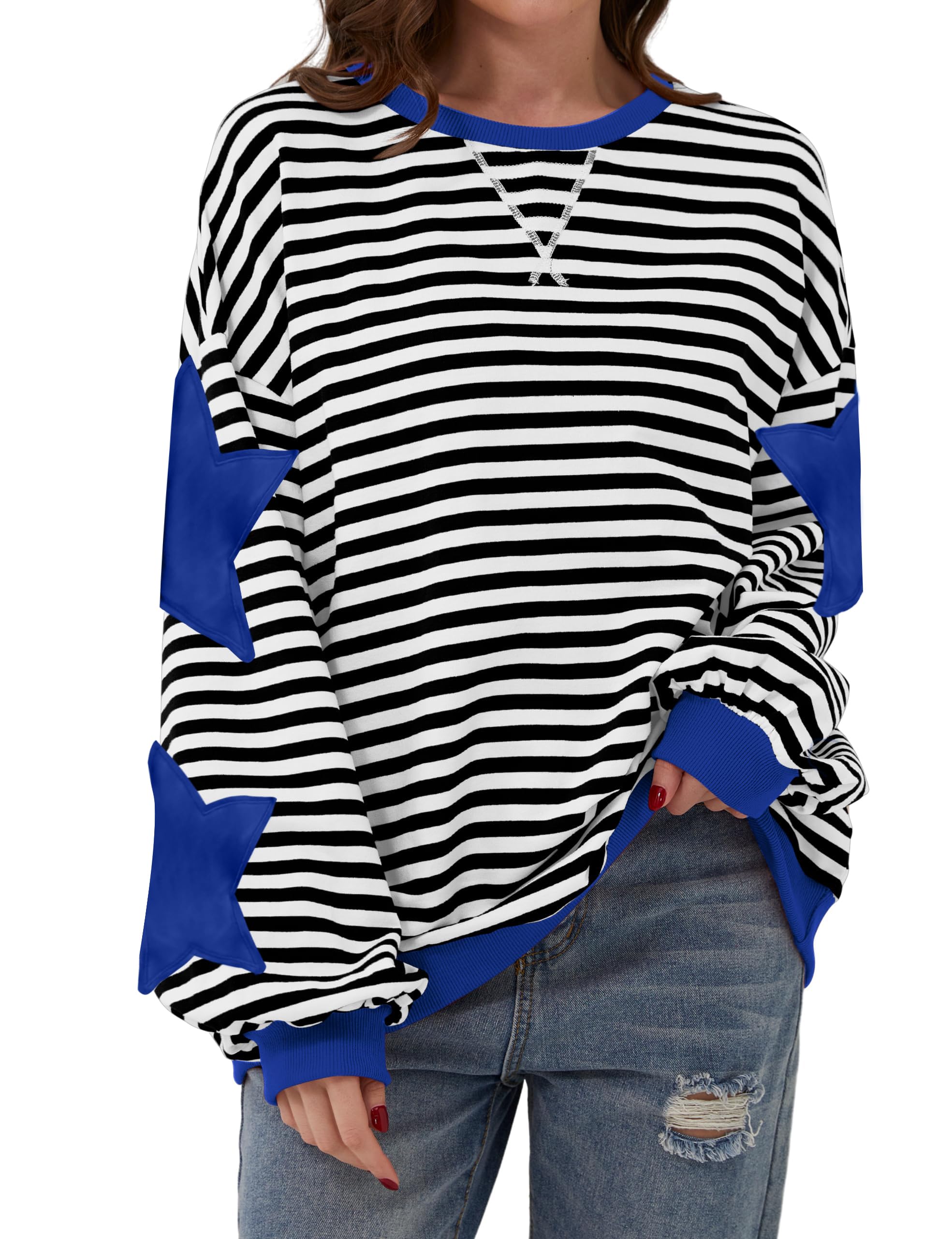 TERIVEEKWomen Oversized Striped Color Block Long Sleeve Crew Neck Sweatshirt Casual Loose Pullover Y2K Shirt Top