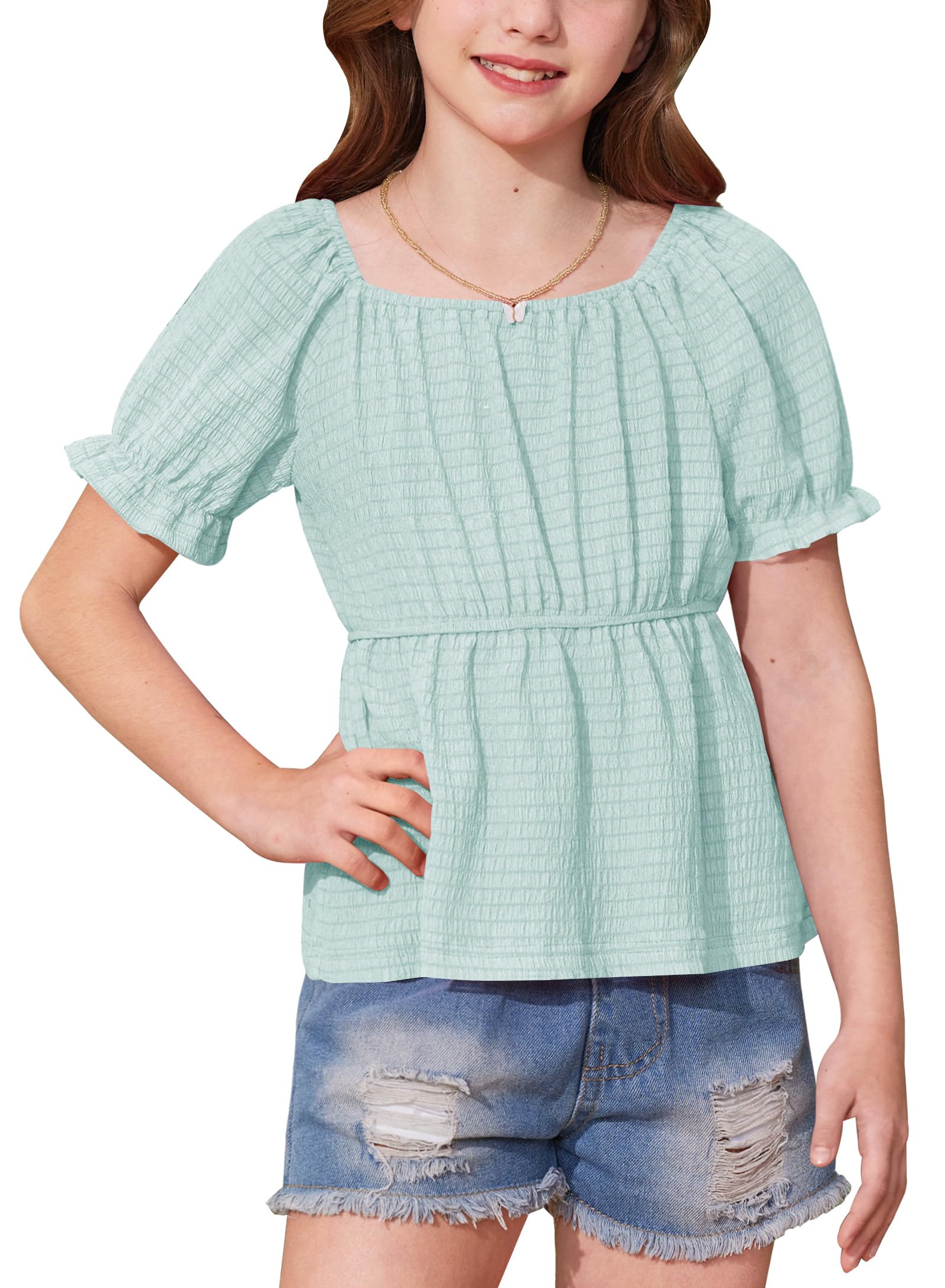 BesserBay Girls Summer Shirts Square Neck Off Shoulder Puff Sleeve Ruffle Hem Casual Tops 6-14 Years