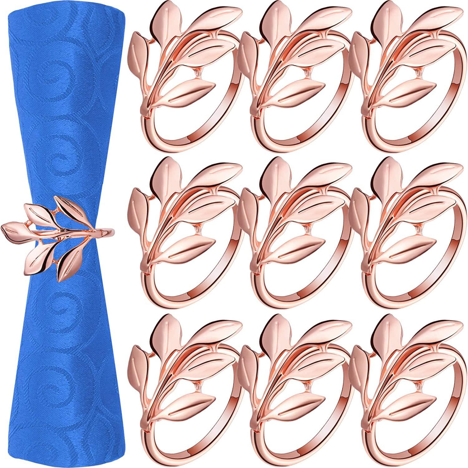 Lot de 24 Ronds de Serviette en métal pour Table à Manger, Noël, Mariage, Motif Feuille d'arbre.