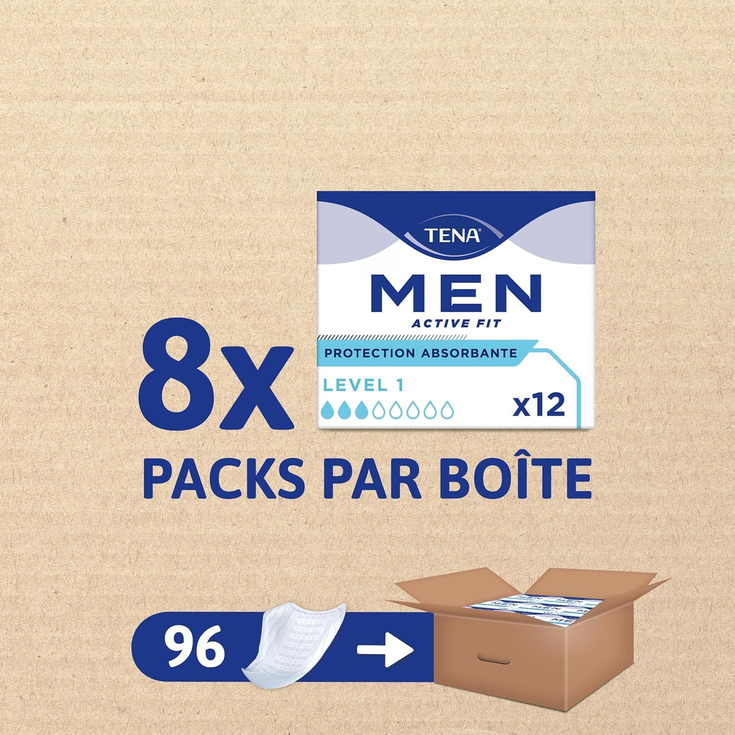 TENA Men Protections Absorbantes Niveau 1 Incontinence Homme - Pour Fuites Urinaires Légères - 96 Protections (Pack 1 mois) 12 unités (Lot de 8)