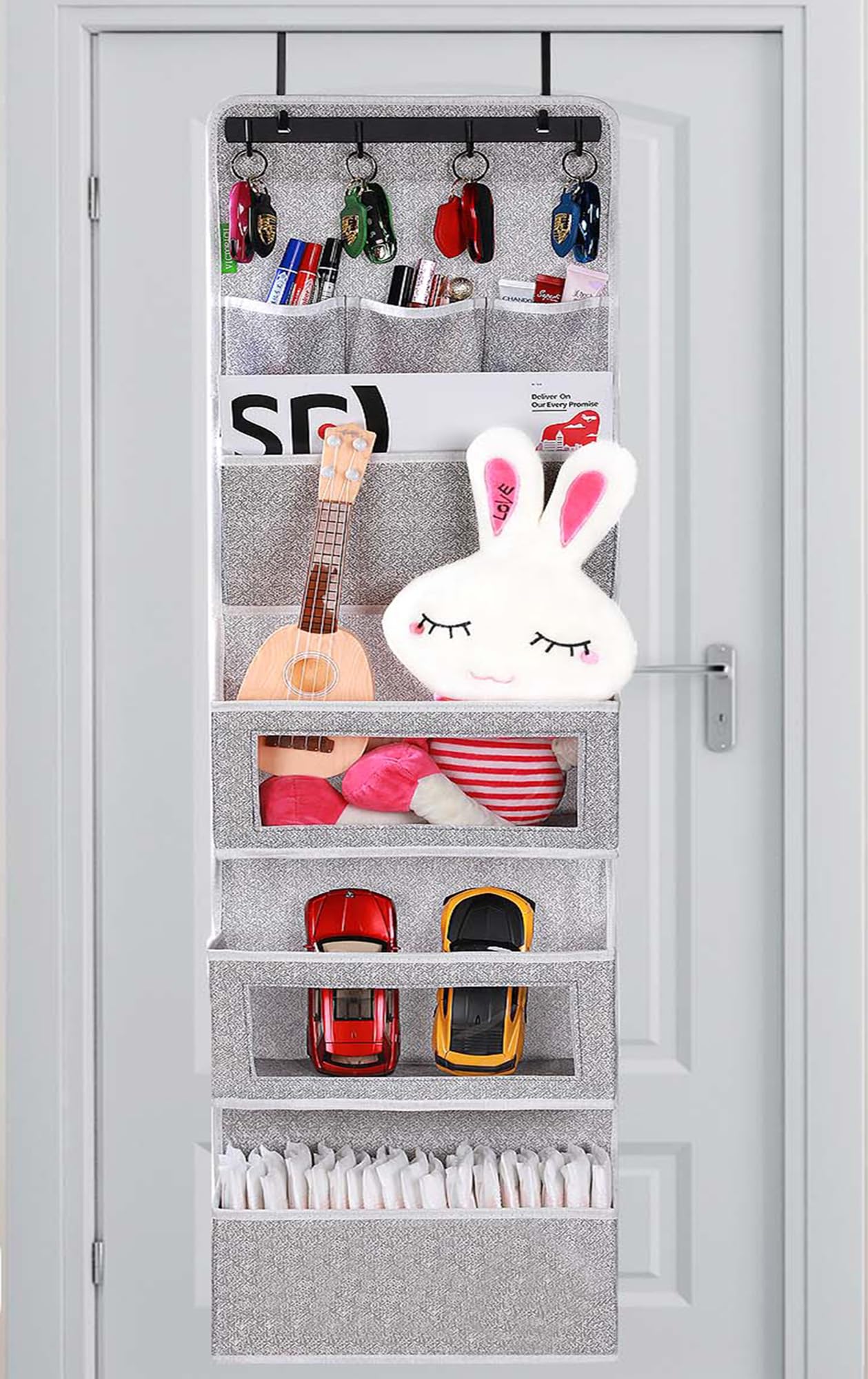 VICTORICH All-IN-ONE Over the Door Organizer, Super Behind the Door Storage Organizer with Door Rack and Large Clear Windows, Wall File Organizer, Hanging Organizer (New Grey)