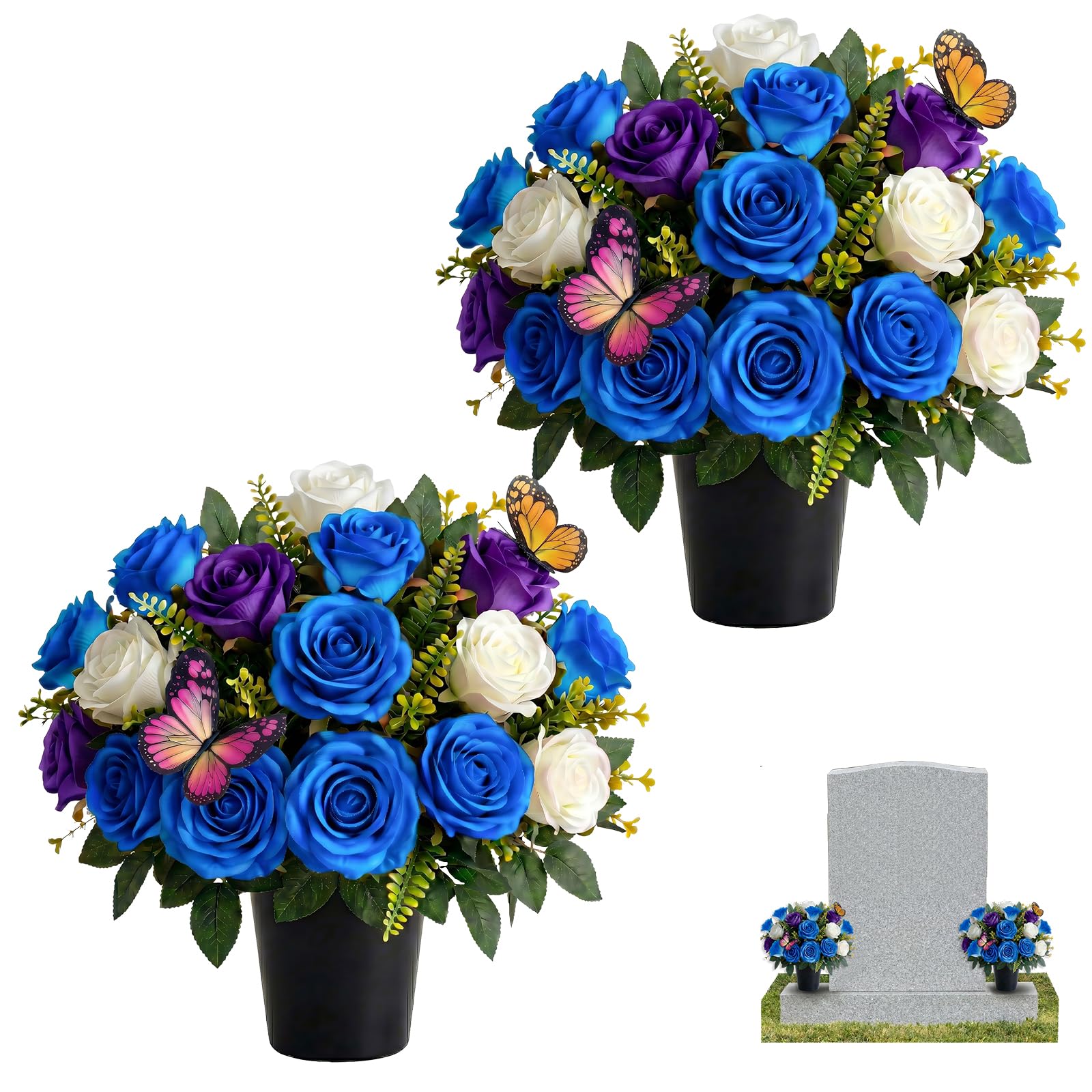 CTANCIFANG Artificial Flowers for Graves, 2 Pots Silk Fabric Roses,Blue