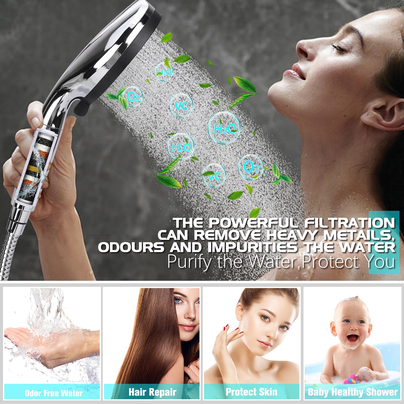 Soffione doccia filtrato 35,5 cm ad alta pressione con braccio deviatore a 3 vie, soffione doccia a pioggia con 10 spruzzi d'acqua portatile, soffione doccia regolabile con ugelli