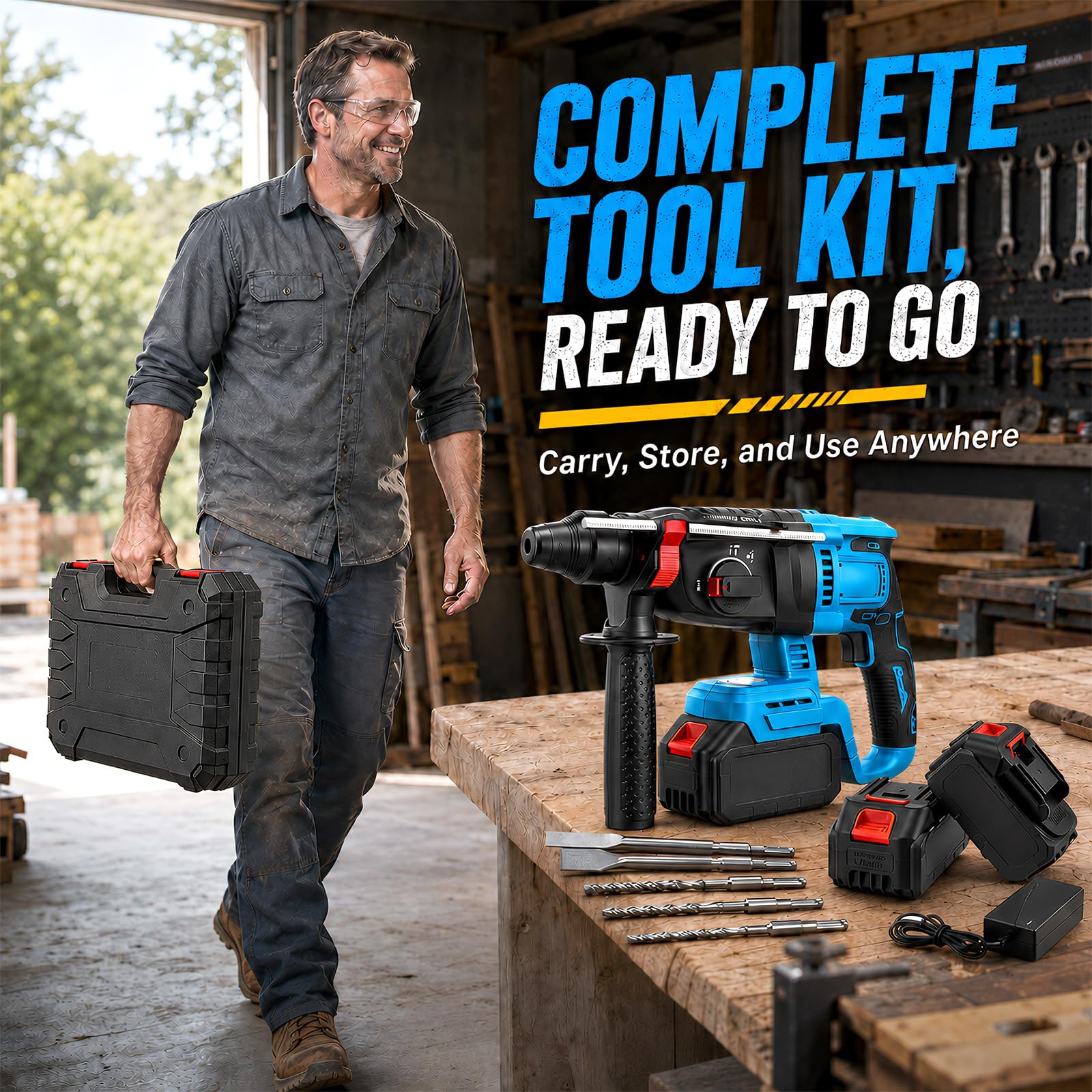 Marteau Perforateur Sans Fil, Perceuse à percussion 5 en 1 avec 2 batteries de 21V, Brushless, pour béton, rénovation et bricolage, avec foret, burin et mallette