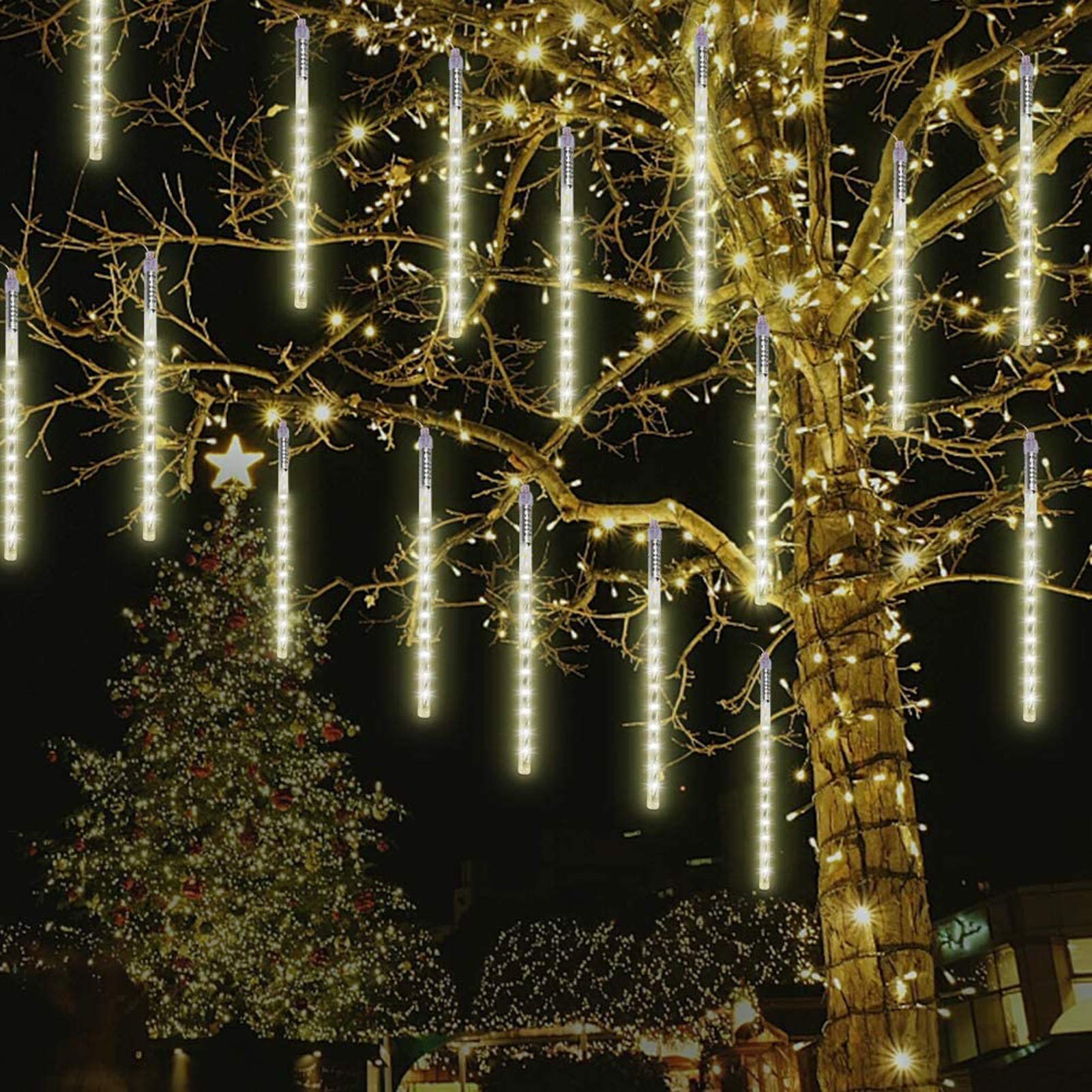 String Lights, Waterproof LED Meteor Shower Lights Plug in - 288 LEDs 50cm 8 Tubes Falling Raindrop Fairy String Light for Holiday Party Christmas Garden Xmas Tree Decor