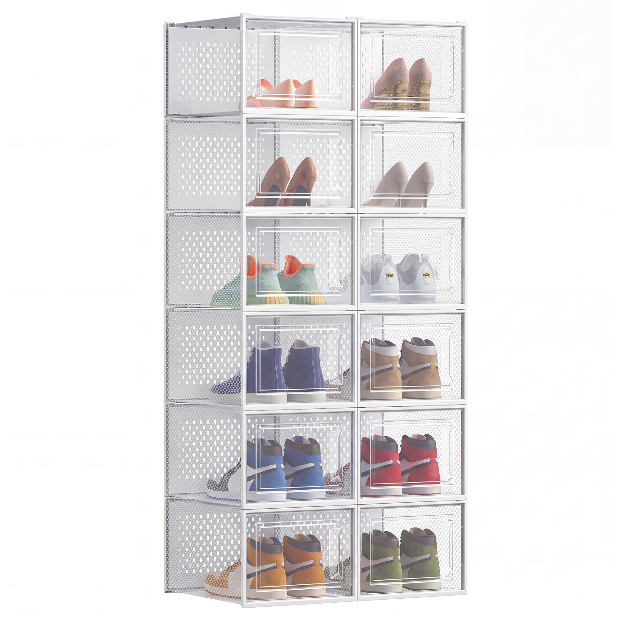 SONGMICS Shoe Boxes, Pack of 12 Stackable Shoe Storage Organisers, Foldable and Versatile for Sneakers, Fit up to UK Size 9.5, Transparent and Dove Grey LSP006G12