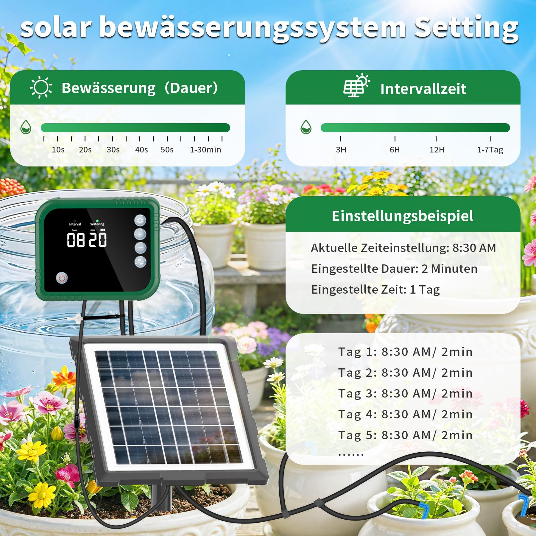 Sistema de riego solar para plantas de balcón con pantalla LCD, 350 modos automáticos de temporizador de riego, riego automático por goteo para 15 plantas con manguera de 15 m, riego automático