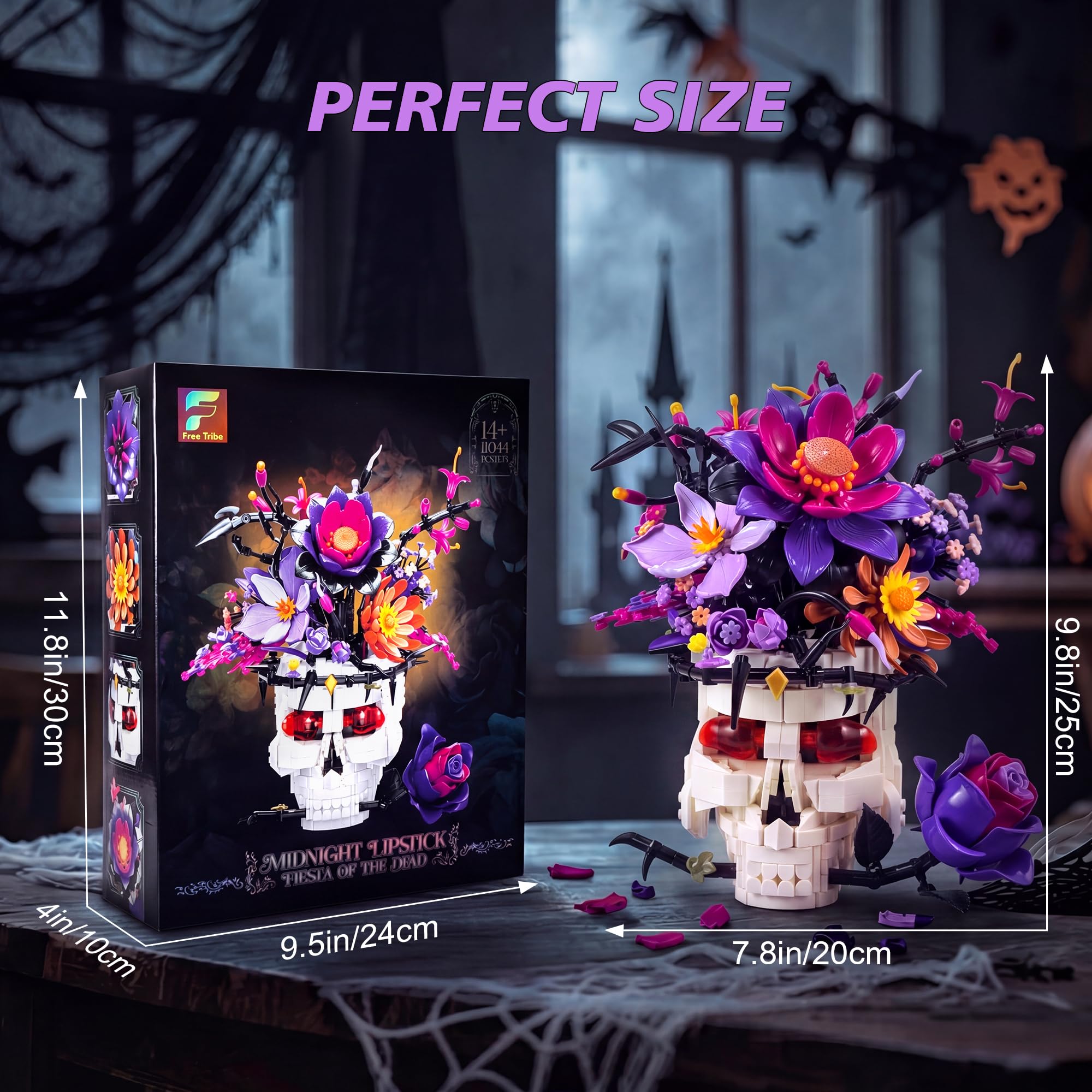 Goldlife Gothic Klemmbausteine Blumen mit Totenkopf-Vase, Blumenstrauß Bausteine für Erwachsene Frauen, Valentinstag Halloween Geburtstag Totenkopf Geschenke, Gothic Deko (Rose)