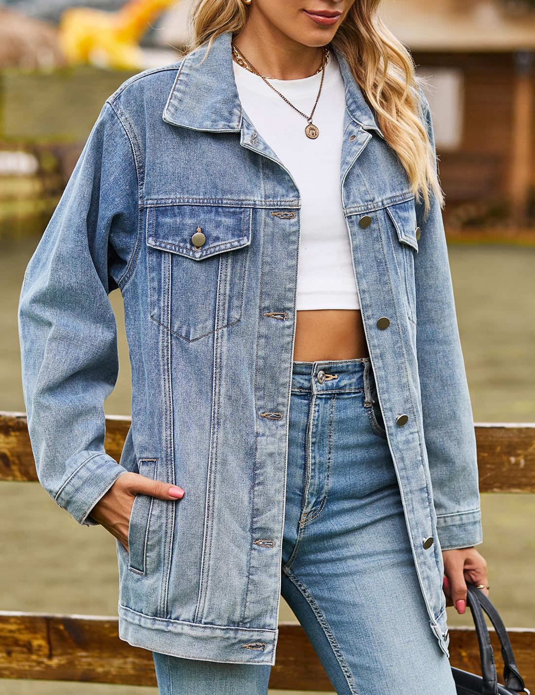 Sukany Chaqueta vaquera casual para mujer, de gran tamaño, con botones, cuello vuelto, holgada, manga larga, abrigo largo medio