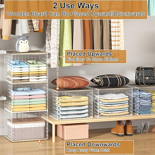 Miniatura 9 de Organizadores de Armario y Estante de Almacenamiento, Paquete de 3 Cestas de Almacenamiento Apilables para Armario para Ropa y Suéteres con Tablero