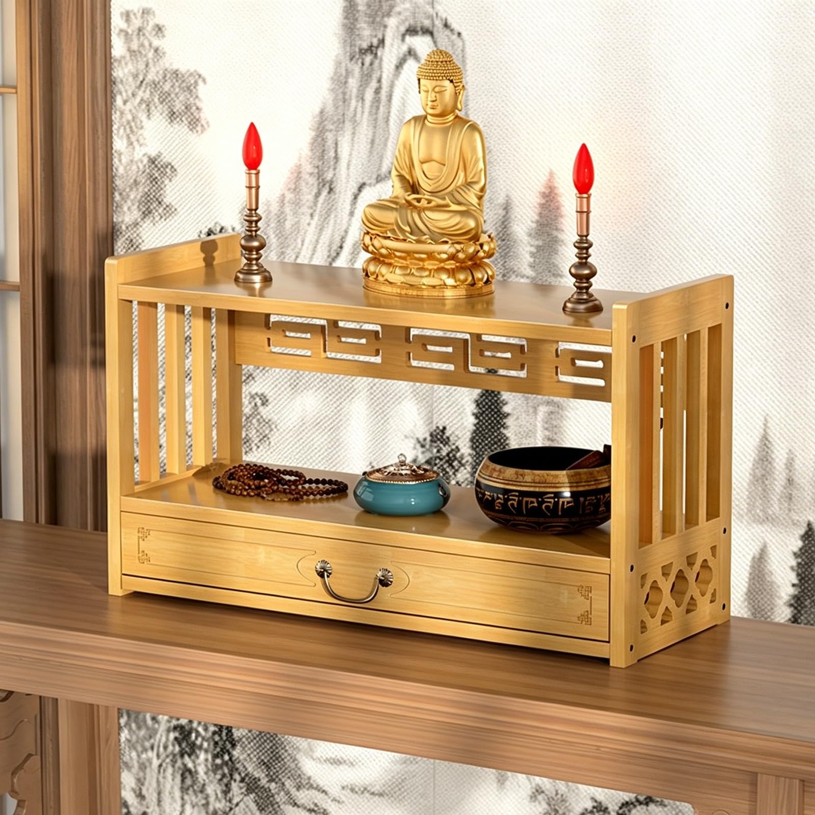 JNTFNE Bamboo Meditation Altar Table, Personal Shrine Table with Drawer, Prayer Offering Stand, for Devotional Practices, Offerings, and Display(Wood,42 * 28cm/16.5 11in)