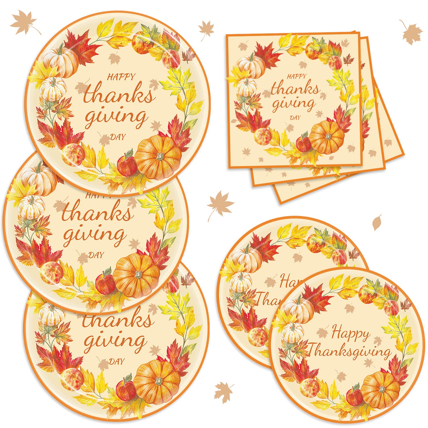 Thanksgiving Party Supplies Plates and Napkins Tableware Set Thanksgiving Party Decoration Supplies Fall Pumpkin Turkey Autumn Paper Plates Napkins for Thanksgiving Day, Serves 24