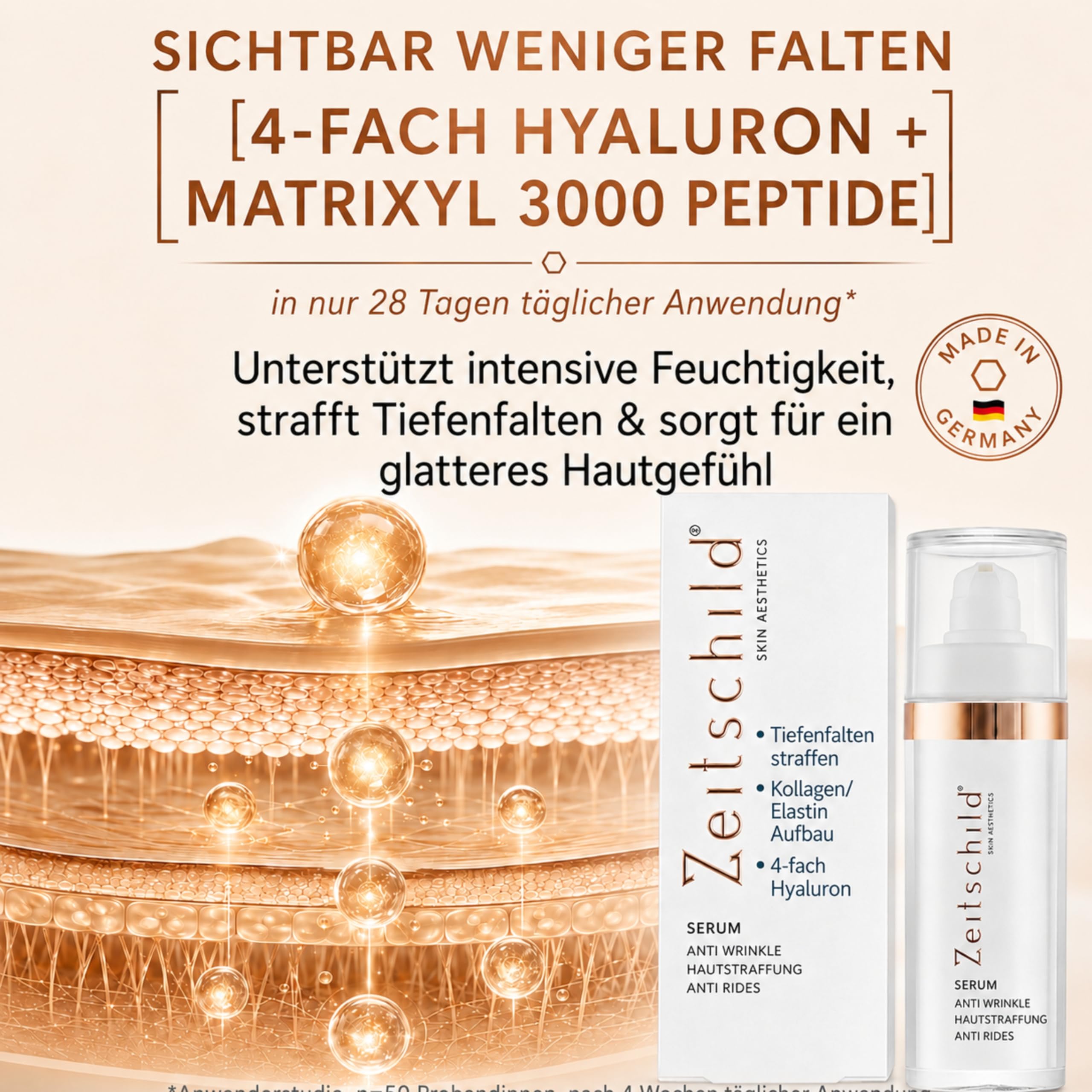 Anti Falten Serum Hochdosiert mit 4-fach Hyaluronsäure Matrixyl 3000 & OLT® - Anti-Aging Hyaluron Gesichtsserum gegen Tiefenfalten - Reife Haut Frauen Männer 30ml Made in Germany