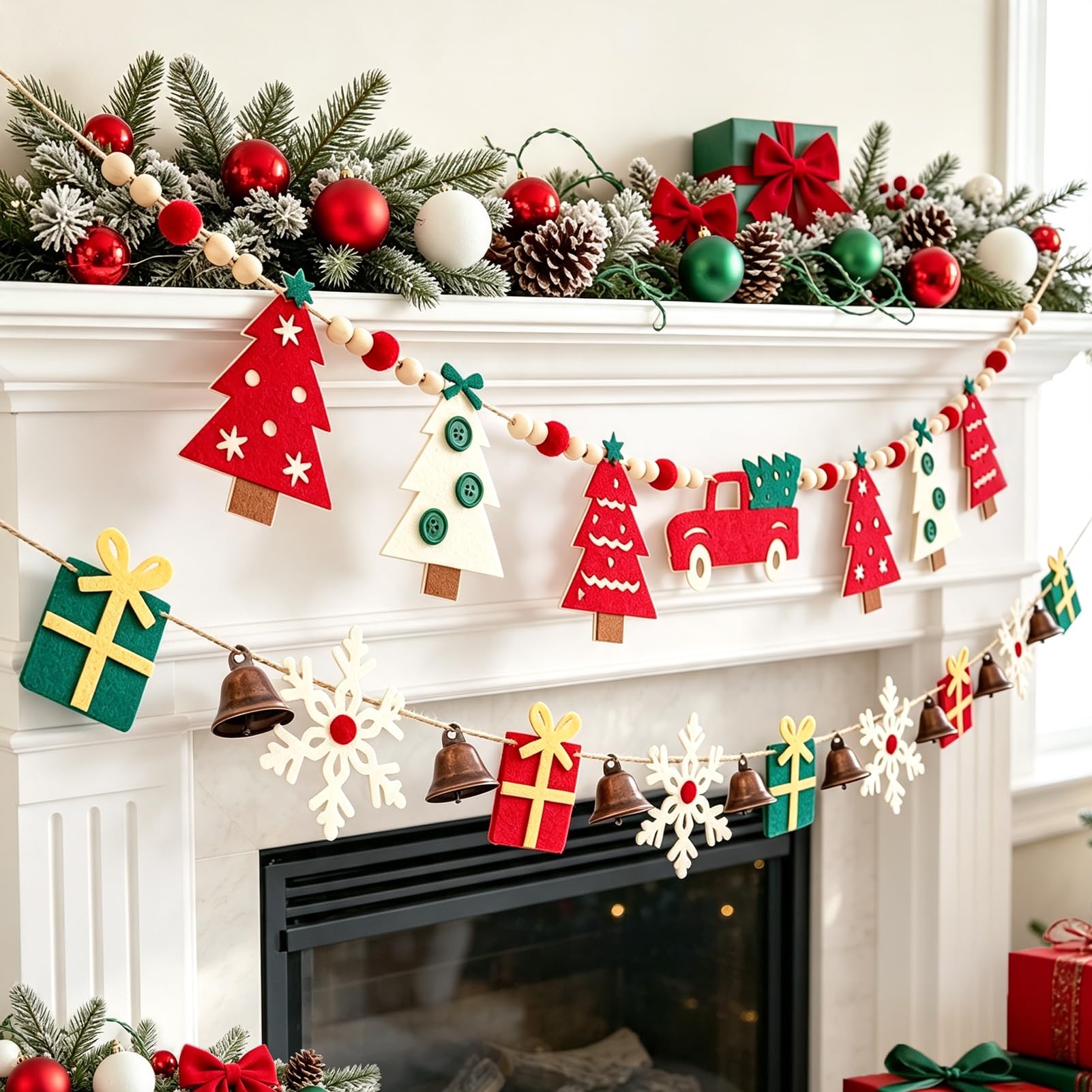 Easy Joy 2PCS Christmas Garland 6.56ft Felt Bunting Decorations