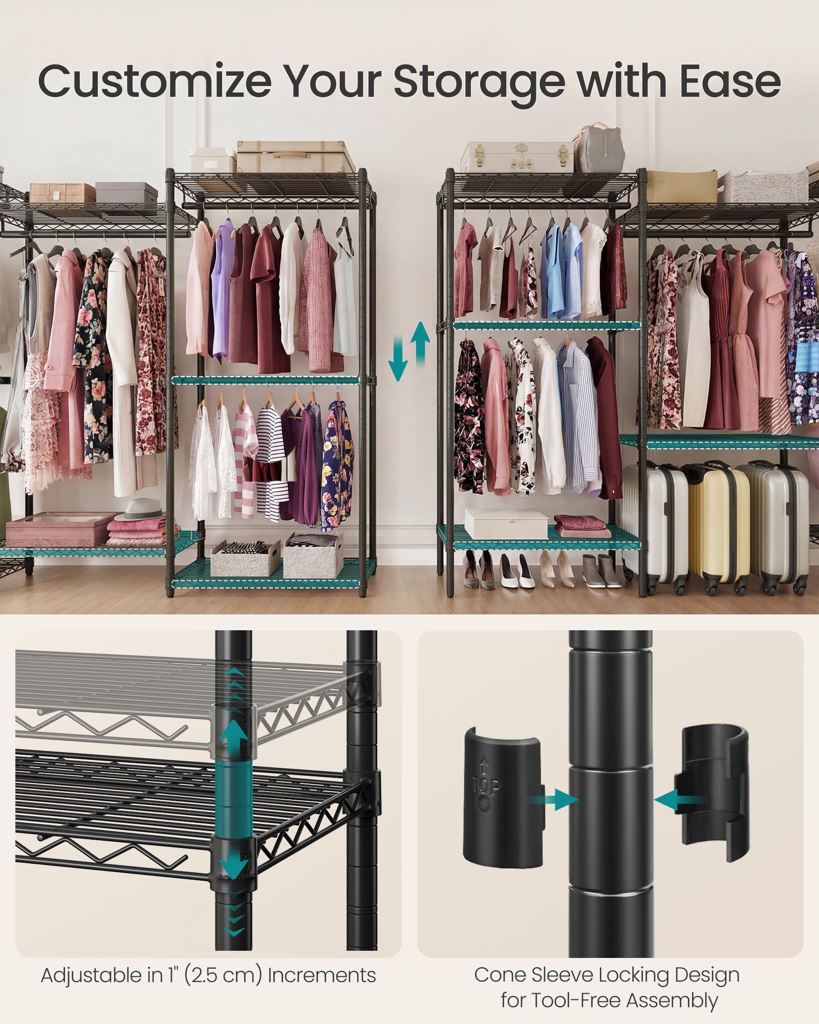 SONGMICS Robuster Kleiderständer, tragbarer Schrank, 170 cm breit, mit verstellbaren Netzablagen und Kleiderstangen, Tintenschwarz ULGR433B01
