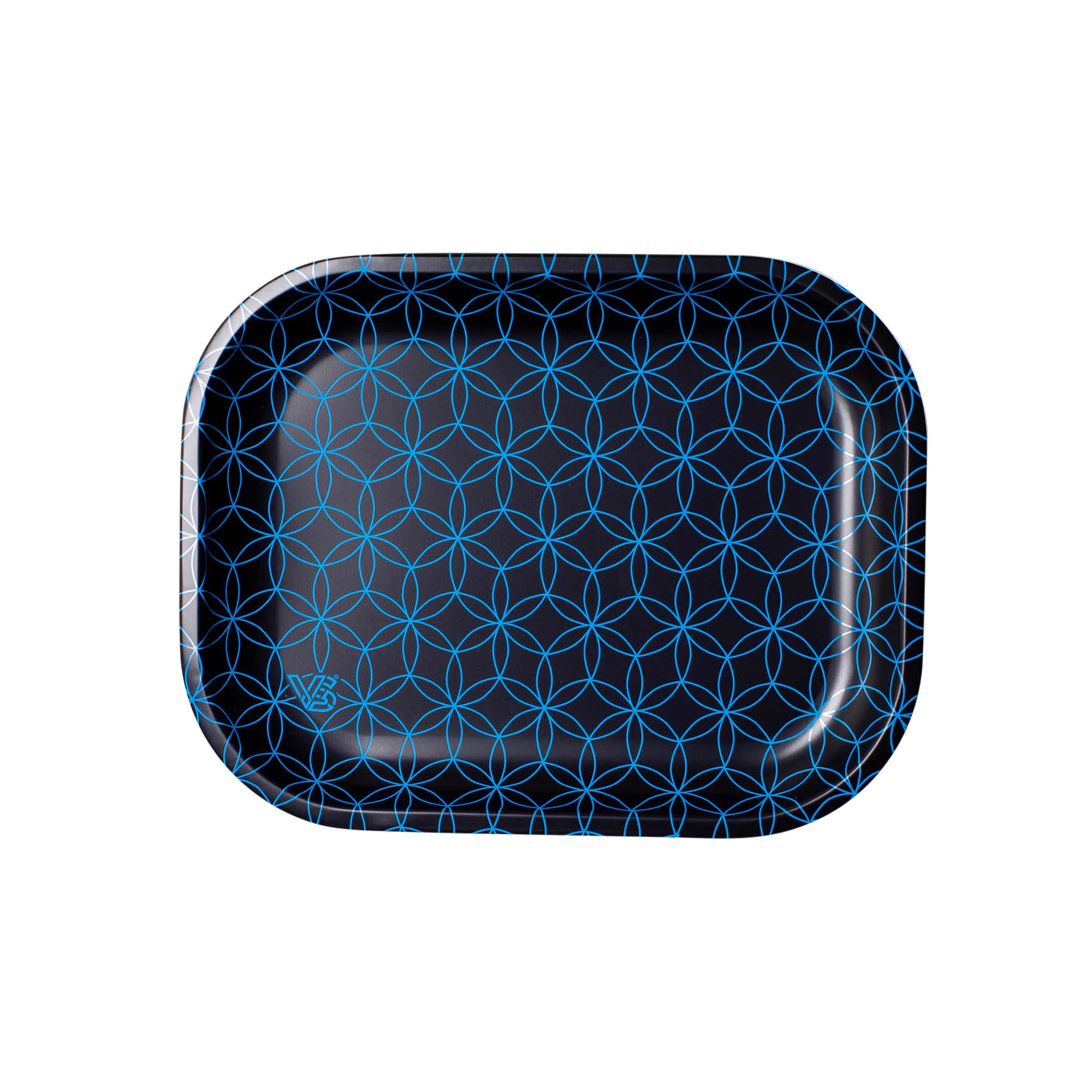 Stylish Metal Tray 7" V. Syndicate, Elegant & Sleek Color Finish with Smooth Rounded Edges, Decorative Tray Beautiful Art Lightweight, (Small, Geo Rings (Blue))