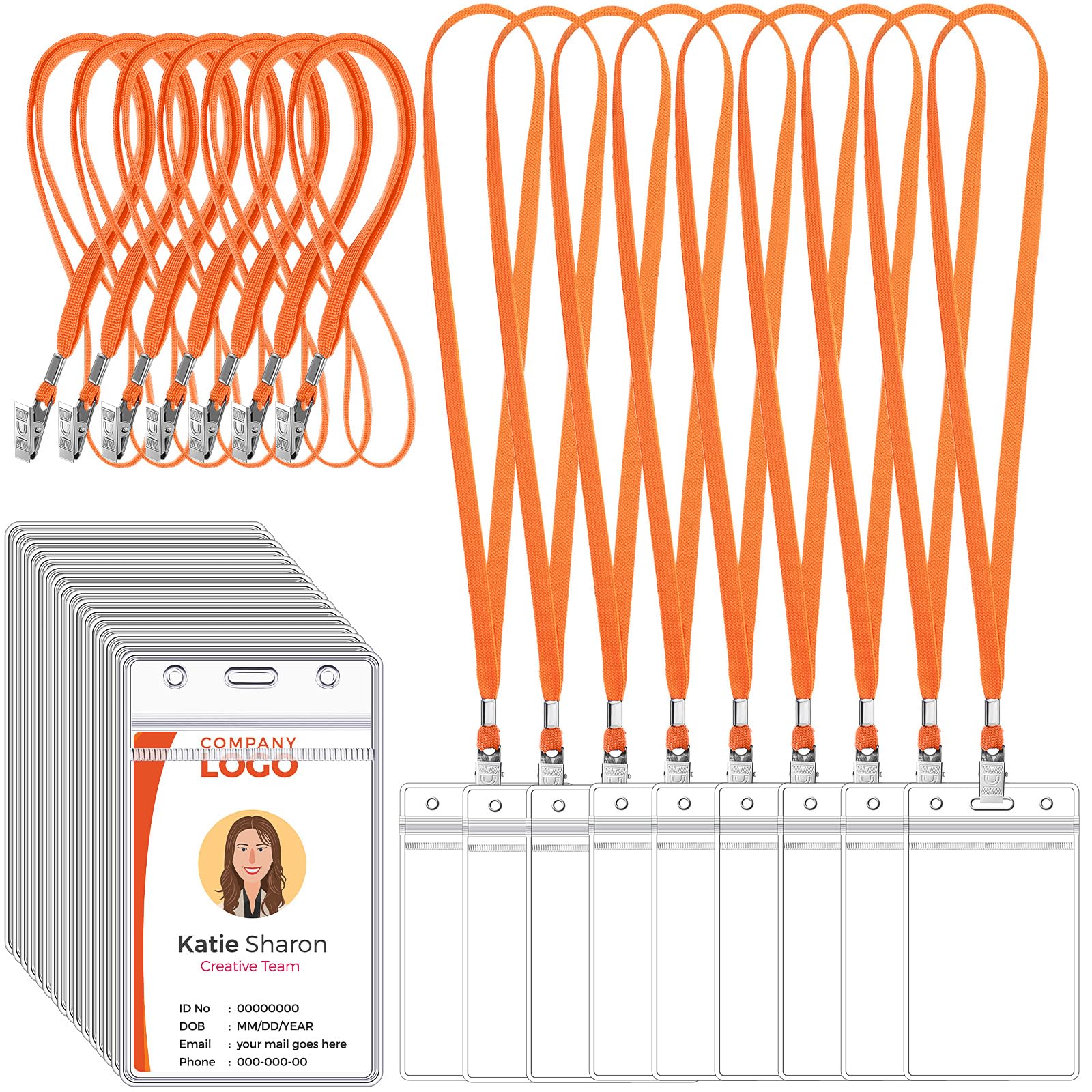 Photo 1 of Marspark 100 Pcs ID Badge Holder with Lanyard Lanyards for ID Badges Resealable Flat Neck Name Tag with Clip Waterproof Plastic Clear Badges Bulk for School Office Supplies (Orange)