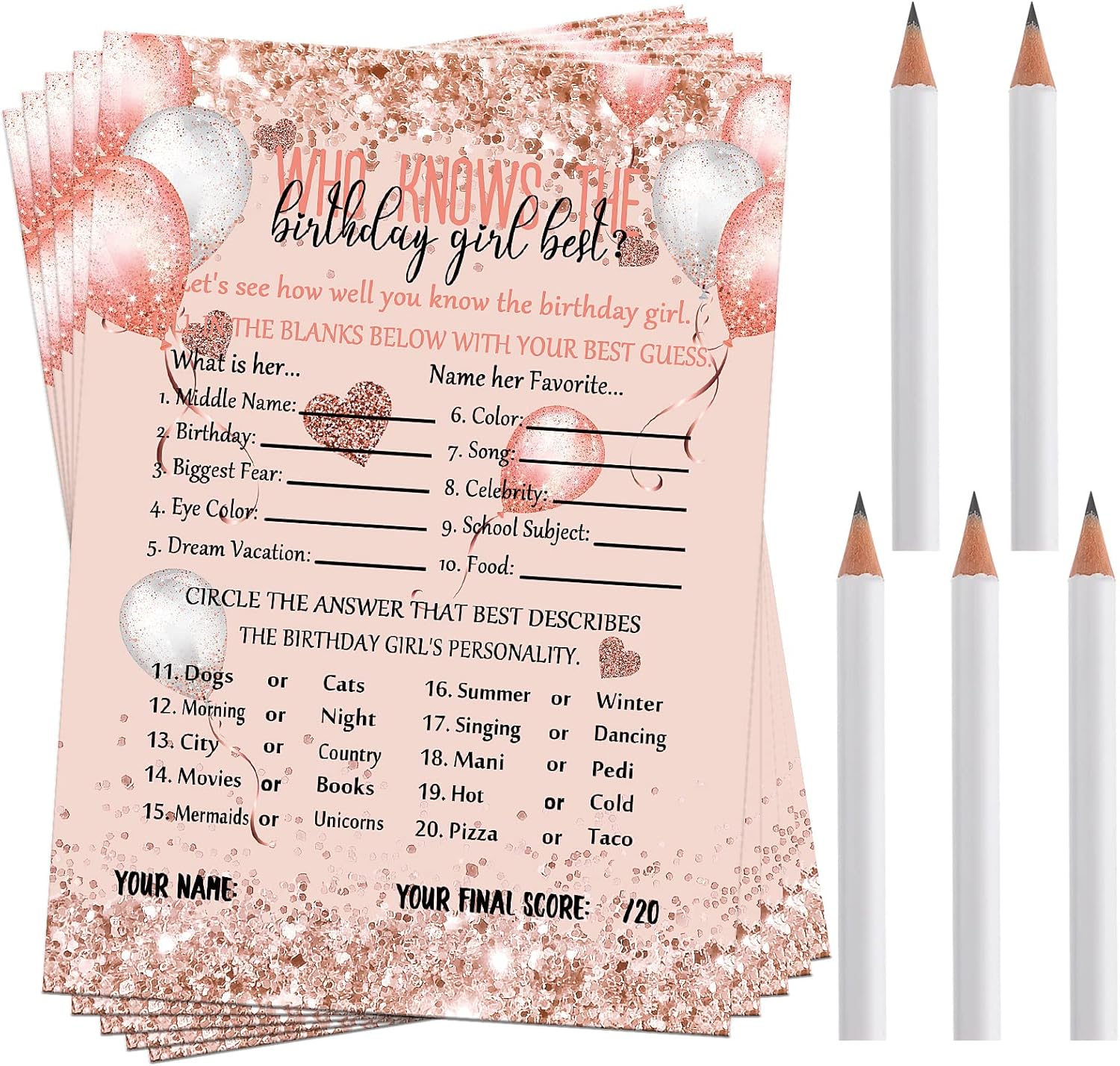 Leinuosen Who Knows The Birthday Girl Best Card 50 Pcs Birthday Party Game Set Girly Pink Rose Gold Sprinkles Themed Cards with 10 Pre Pointed Pencils for Teen Sweet Sleepover Party