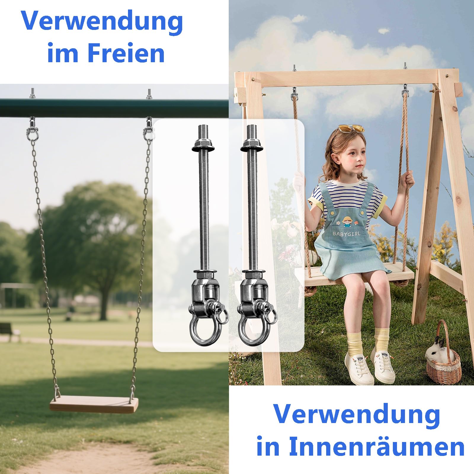 4er Schaukelhaken M10,180°+360°Drehbar Schaukelhaken für Holzbalken | 285mm Schaukelhaken Lager Bis 453kg, Edelstahl Hängematte Schaukel Befestigung Betondecke für Boxsack Hängesessel Yoga