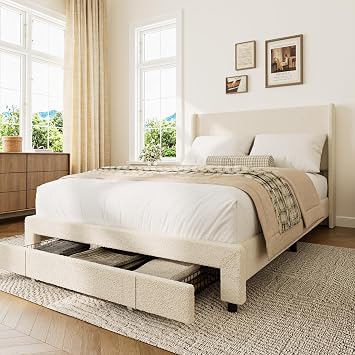 Bed Frame with Large Storage Drawer and Headboard, Upholstered Boucle Platform Bed, No Box Spring Needed Beige, Double 190x135x106cm