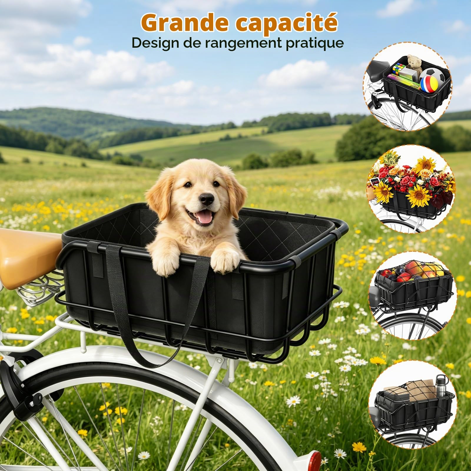 Panier Vélo Arrière, 43×30×20CM Panier Arrière de Vélo en Métal avec Filet de Chargement et Doublure, Utilisé pour Le Transport de Fruits et Légumes(y Compris Les Outils D'installation)