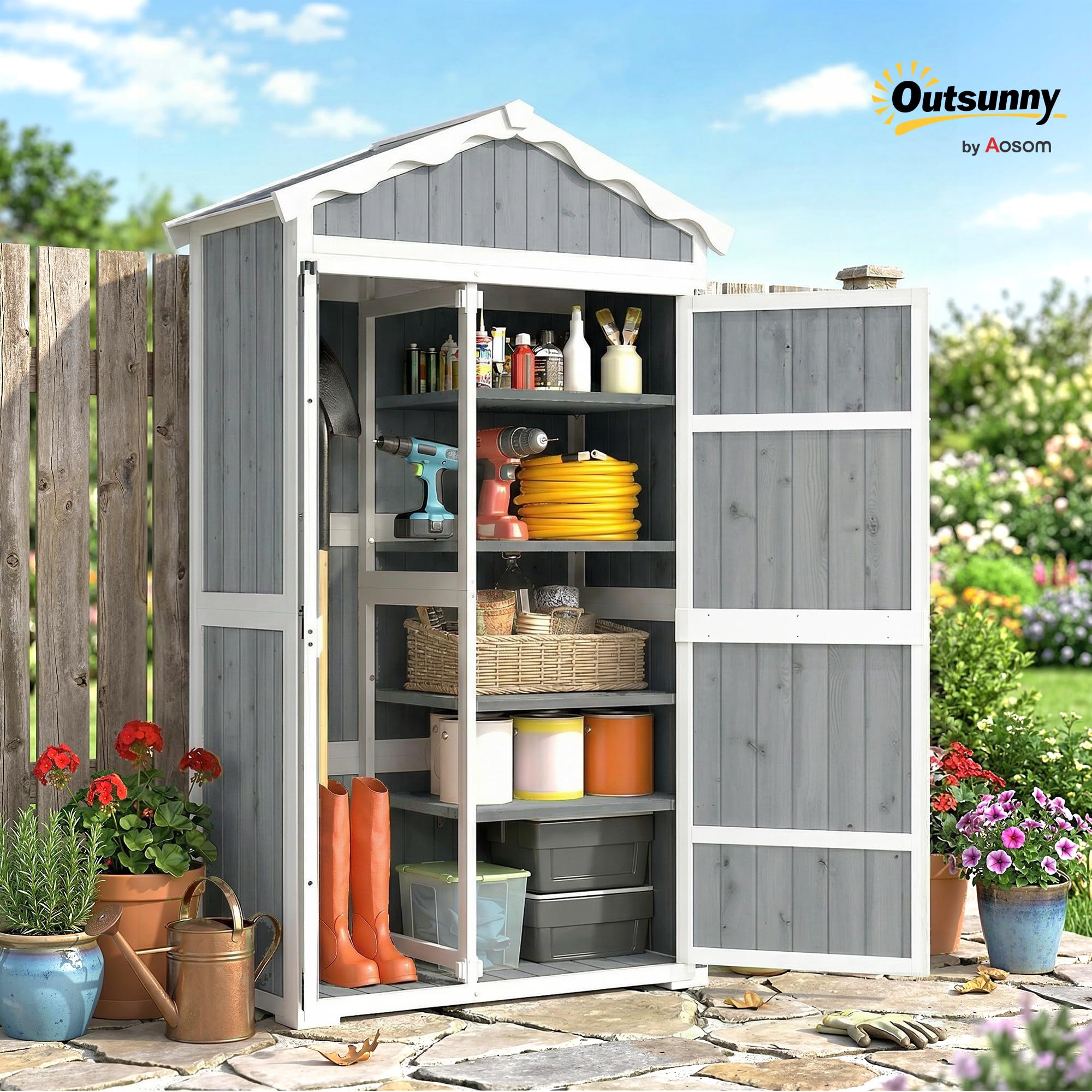 Outsunny Caseta de Jardín de Madera 105x55x179 cm Cobertizo Jardín Exterior Impermeable Armario Exterior Herramientas con Puertas 4 Estantes Extraíbles Techo Metal Galvanizado Pies Ajustables Gris