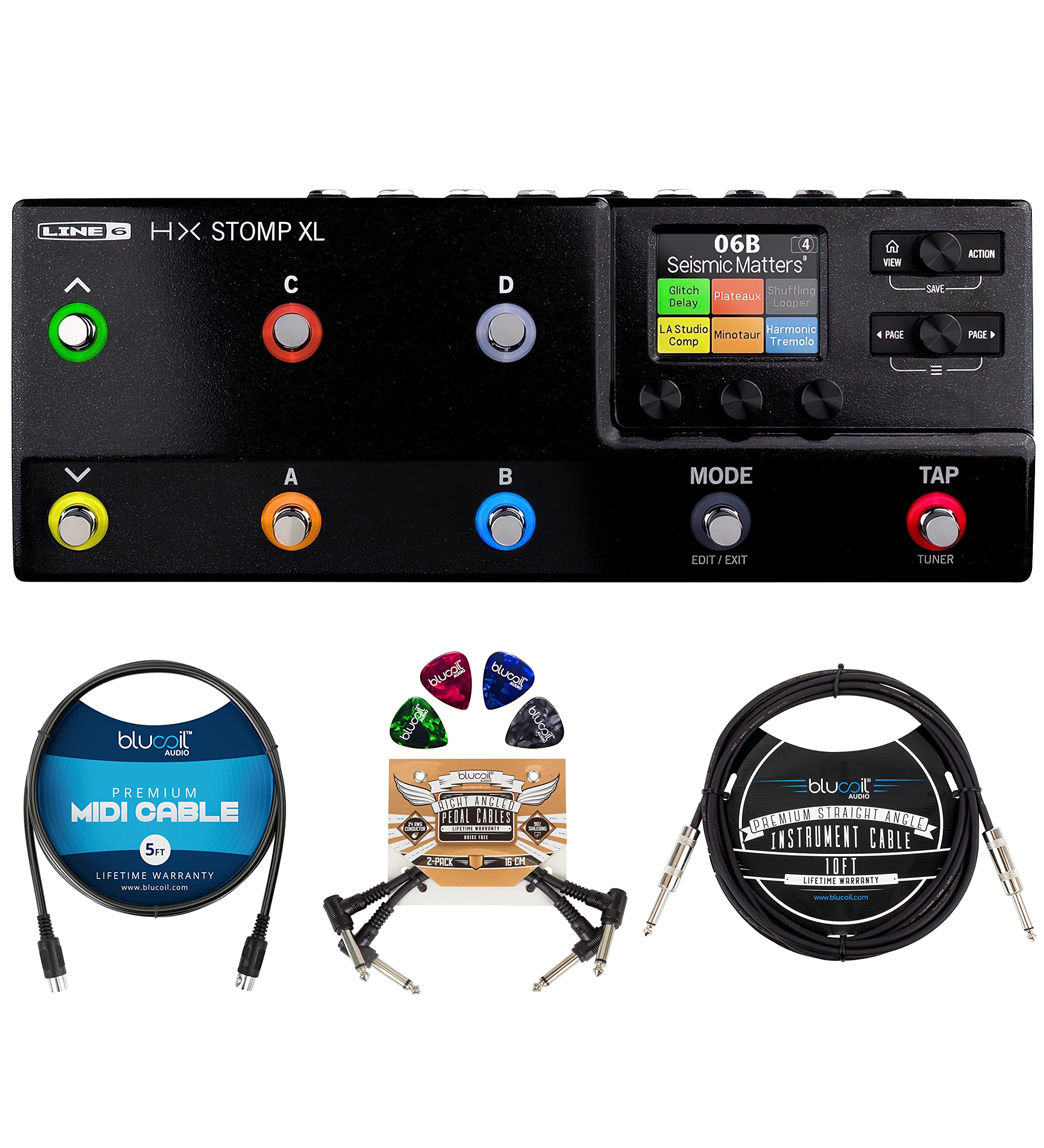 Line 6 HX Stomp XL Guitar Multi-effects Floor Processor Bundle with Blucoil 10-FT Straight Instrumen