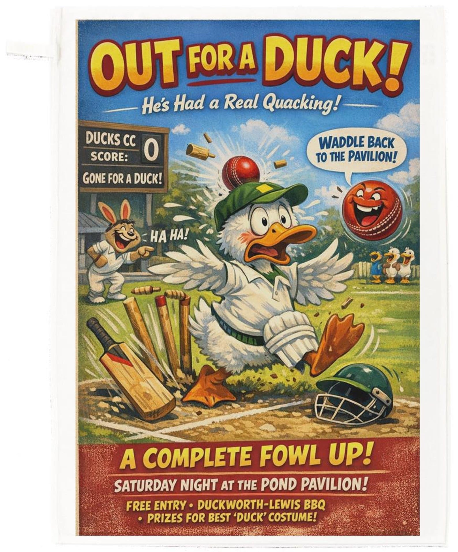 Half a Donkey Cricket Duck Tea Towel – Humorous ‘Out for a Duck’ Kitchen Towel